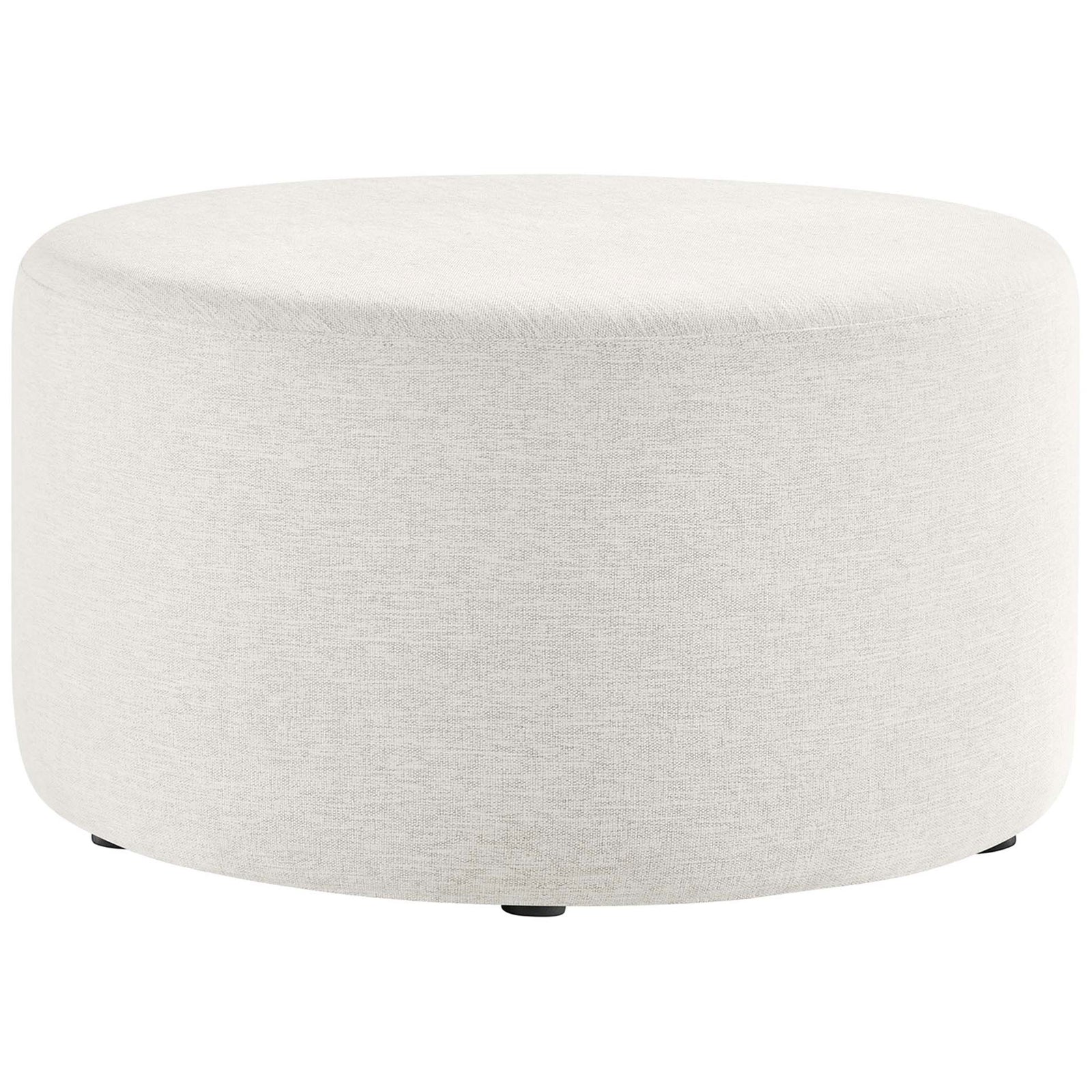 Heathered ivory round ottoman with smooth tailored sides and low-profile legs for modern spaces. || EEI-6647-HEI || front_studio