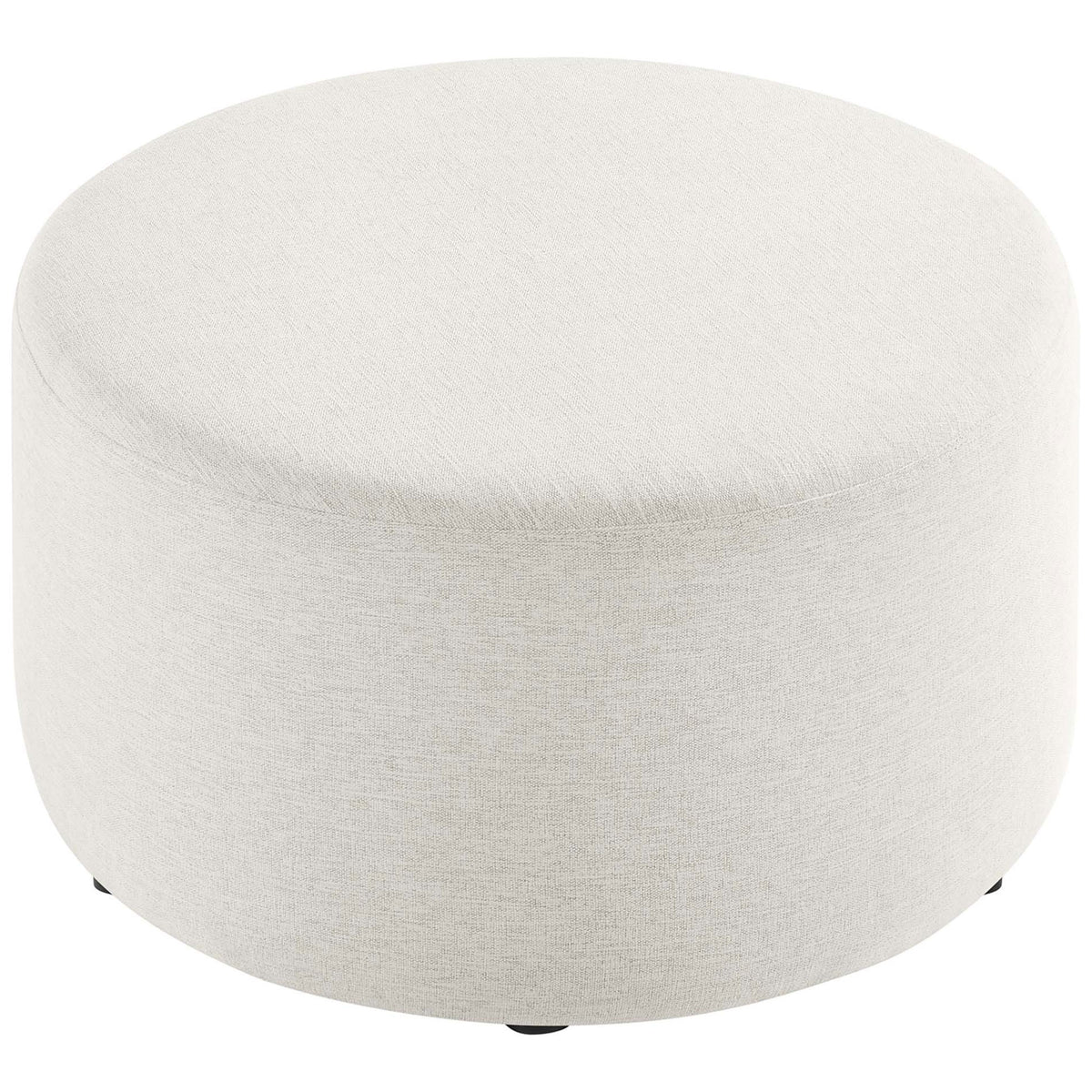 Plush round ottoman in heathered ivory fabric, offering a generous cushioned surface for seating or trays. || EEI-6647-HEI || top_angle_studio