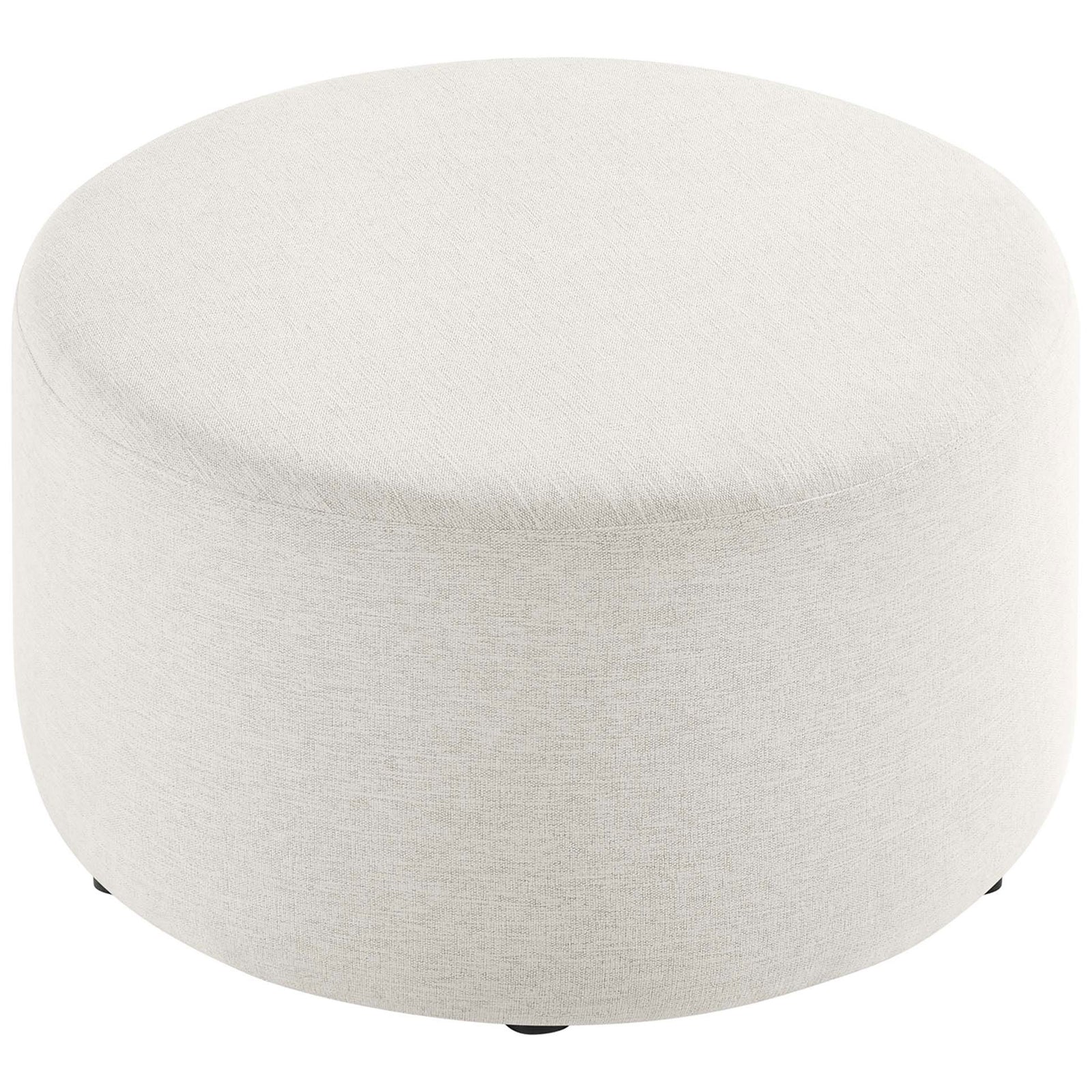 Plush round ottoman in heathered ivory fabric, offering a generous cushioned surface for seating or trays. || EEI-6647-HEI || top_angle_studio