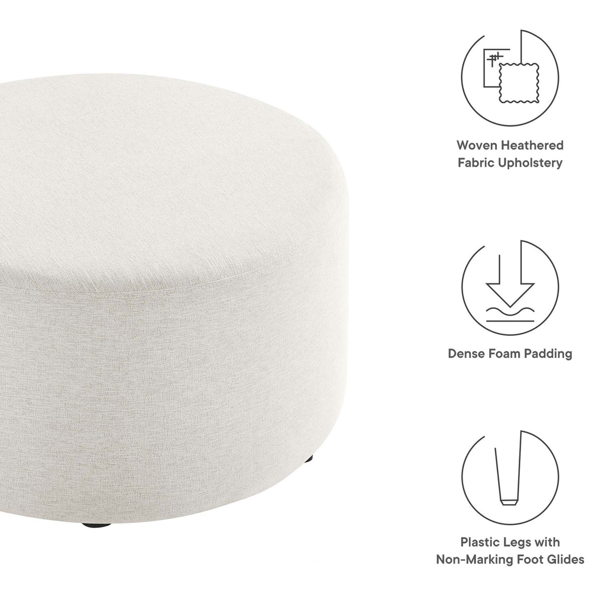 Ivory round ottoman with graphic highlights calling out fabric upholstery, dense foam, and floor-safe legs. || EEI-6647-HEI || callout_studio