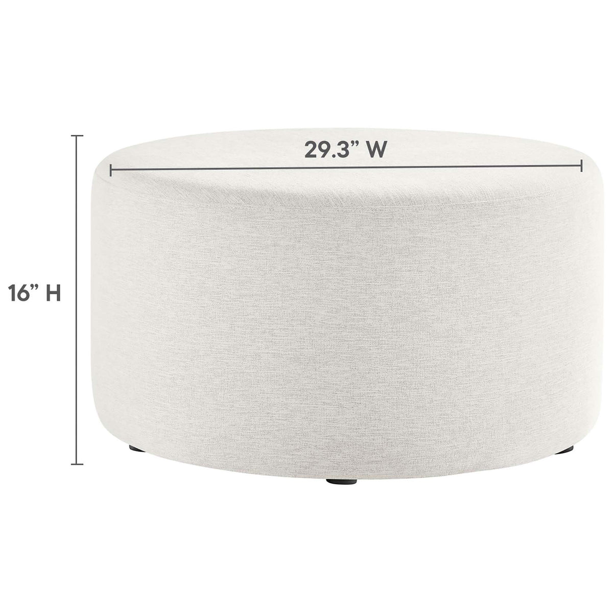 Heathered ivory ottoman with simple diagram showing 29.3 inch width and 16 inch height for easy planning. || EEI-6647-HEI || dimension_studio