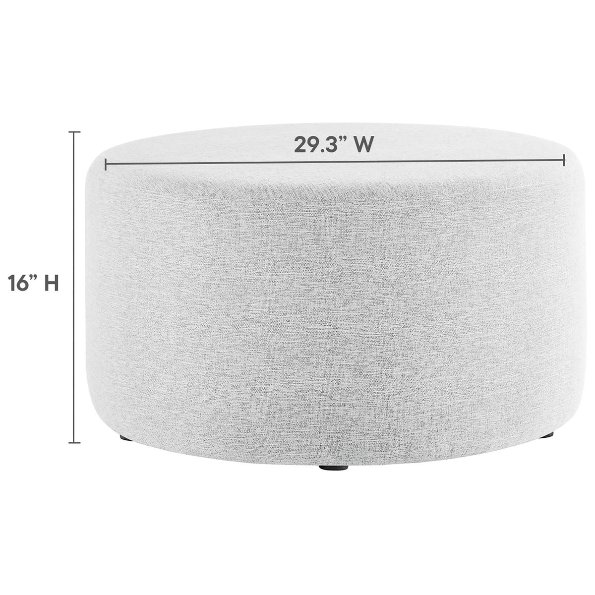 Dimensions of the 29.3 inch wide, 16 inch high heathered light gray round ottoman are displayed || EEI-6647-HLG || dimension_studio