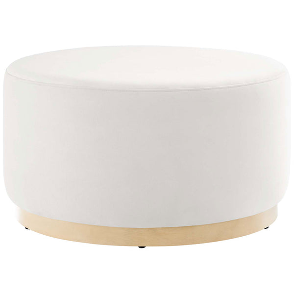 Tilden 29 inch round alabaster velvet ottoman with smooth cushioned top and natural wood base || EEI-6648-ALA-NAT || front_studio