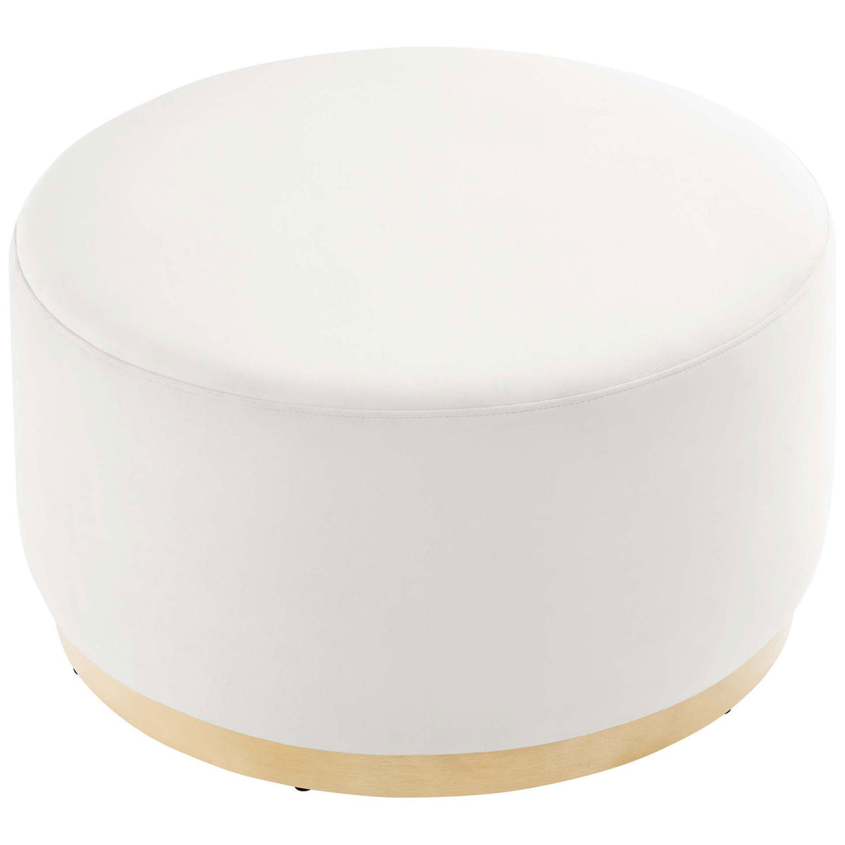 Generous 29 inch round ottoman in alabaster performance velvet showcasing its smooth, tailored top || EEI-6648-ALA-NAT || top_studio