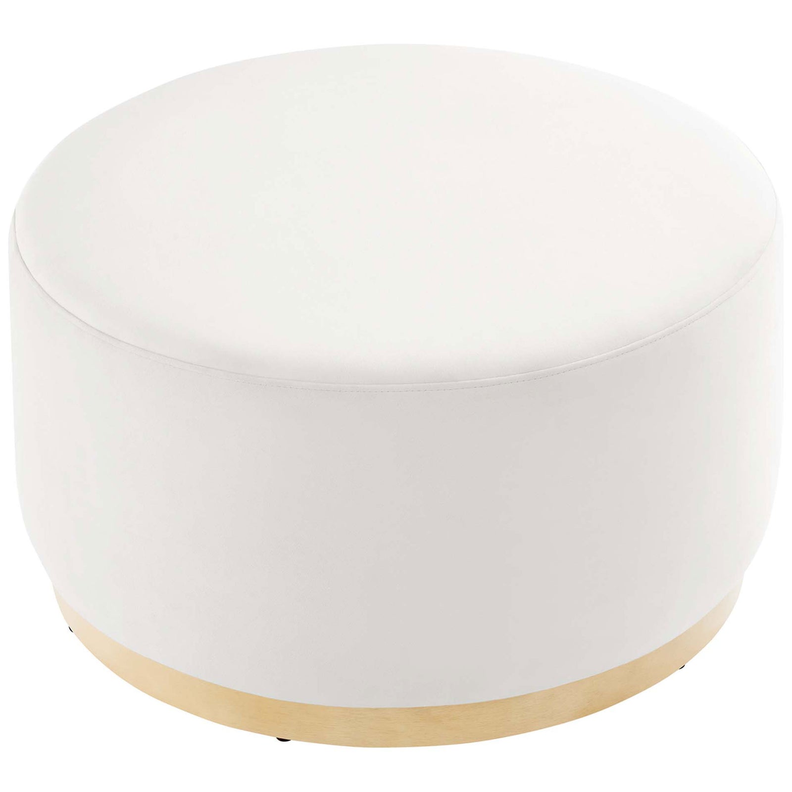 Generous 29 inch round ottoman in alabaster performance velvet showcasing its smooth, tailored top || EEI-6648-ALA-NAT || top_studio