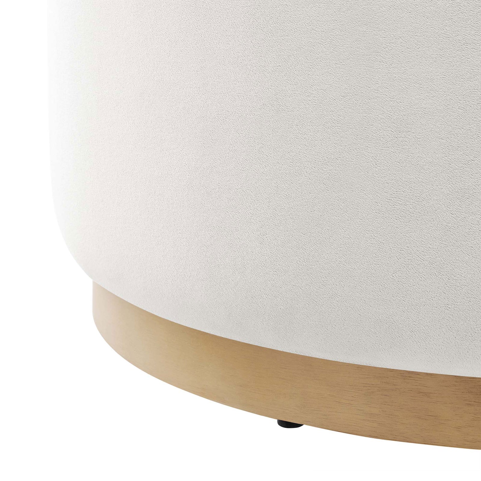Detail of Tilden ottoman showing soft velvet upholstery and warm rubberwood plinth base || EEI-6648-ALA-NAT || detail_studio