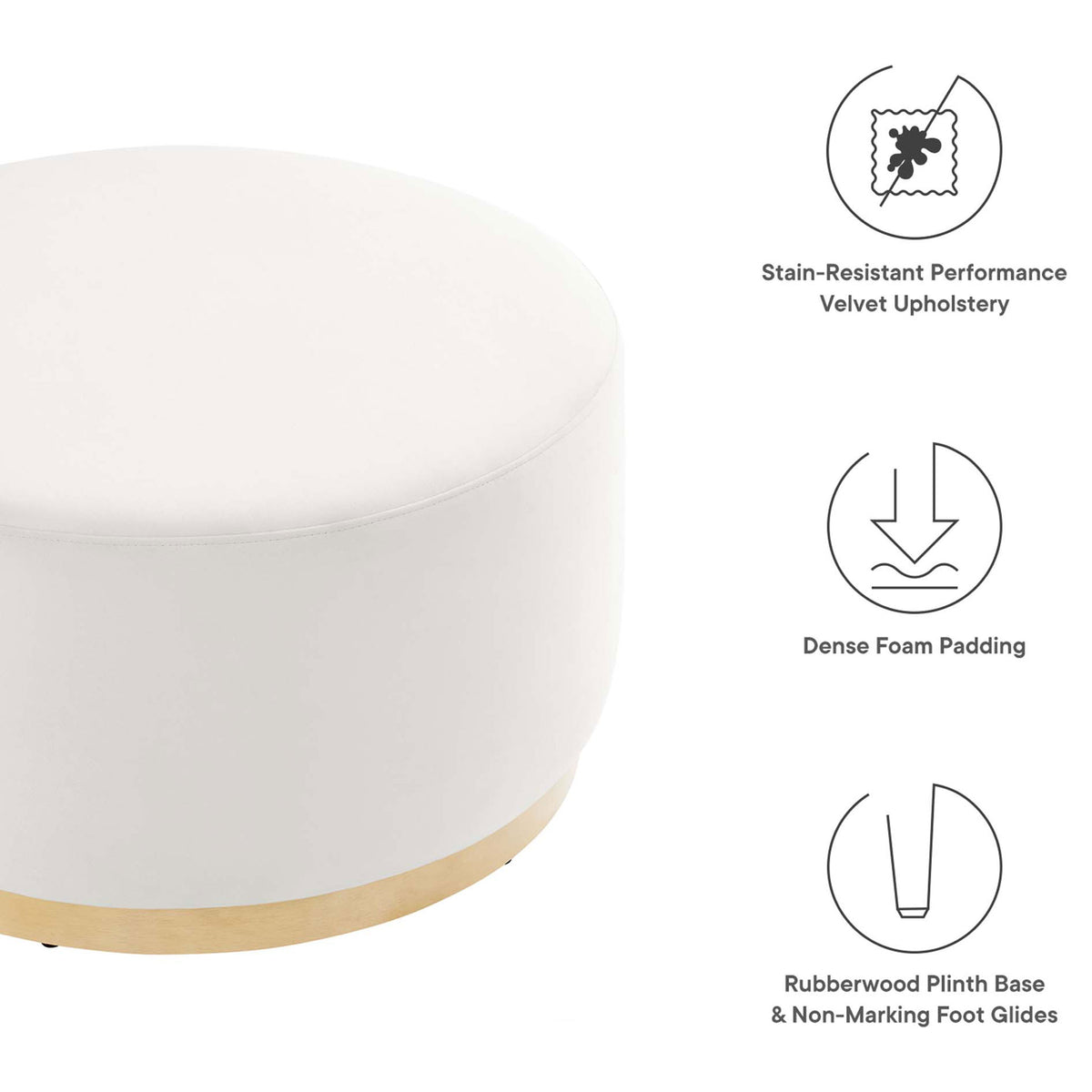 Key features of the Tilden 29 inch round velvet ottoman highlighting fabric, foam, and plinth base benefits || EEI-6648-ALA-NAT || callout_studio