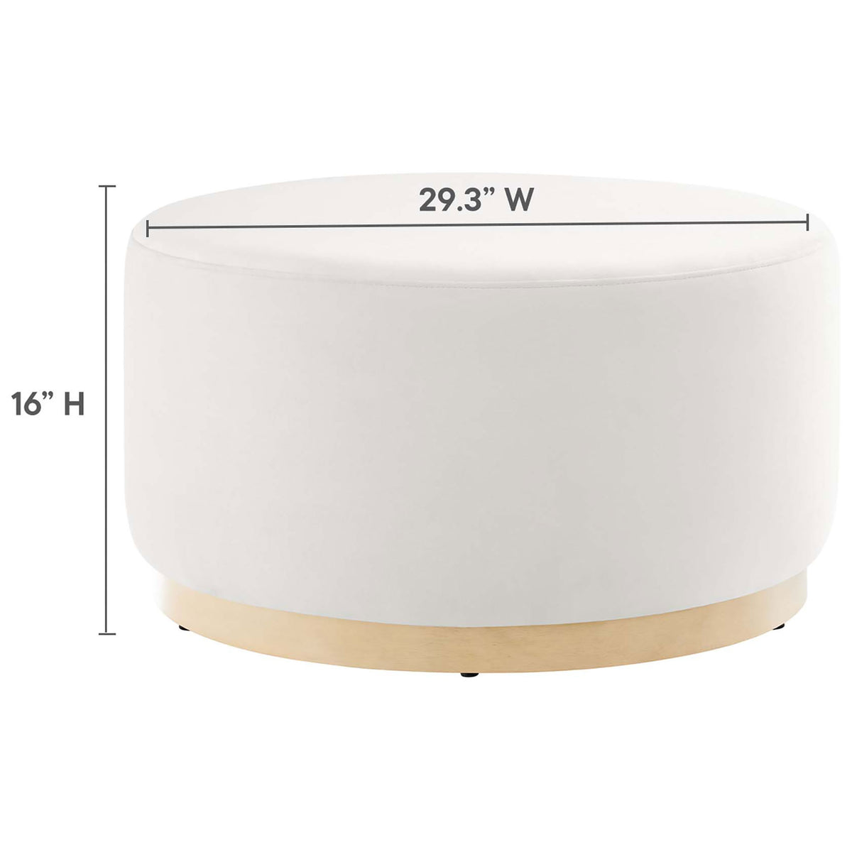 Dimensions of the Tilden 29 inch round ottoman with 16 inch height and 29.3 inch width labeled || EEI-6648-ALA-NAT || dimension_studio