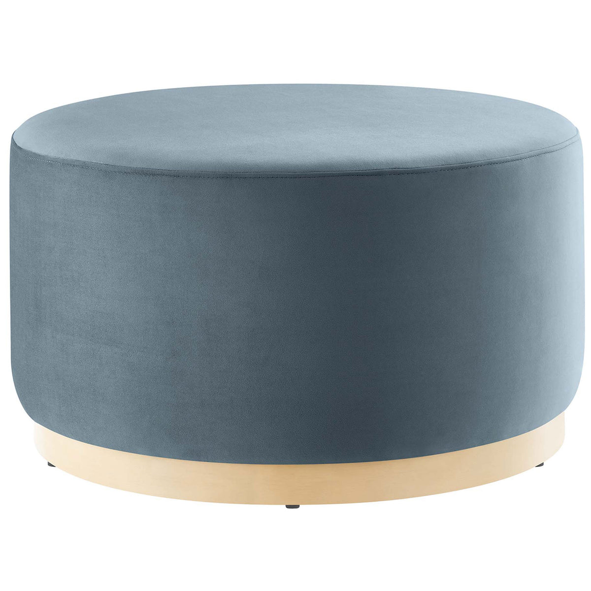 Round cadet blue velvet ottoman with plush cushioning and natural wood plinth base || EEI-6648-CAB-NAT || front_studio