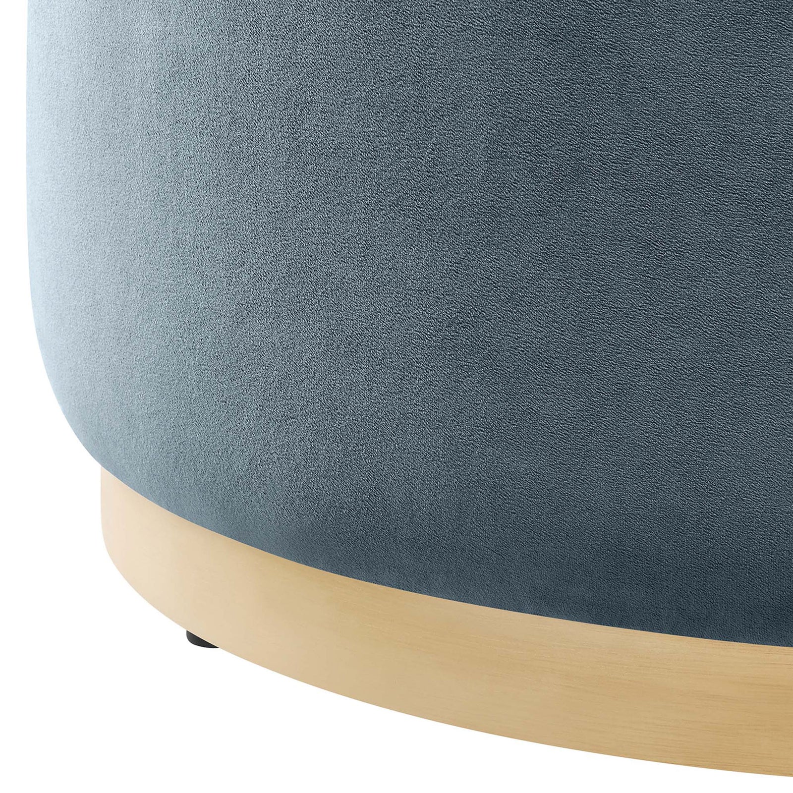 Soft performance velvet upholstery and light wood base detail on the Tilden round ottoman || EEI-6648-CAB-NAT || detail_studio