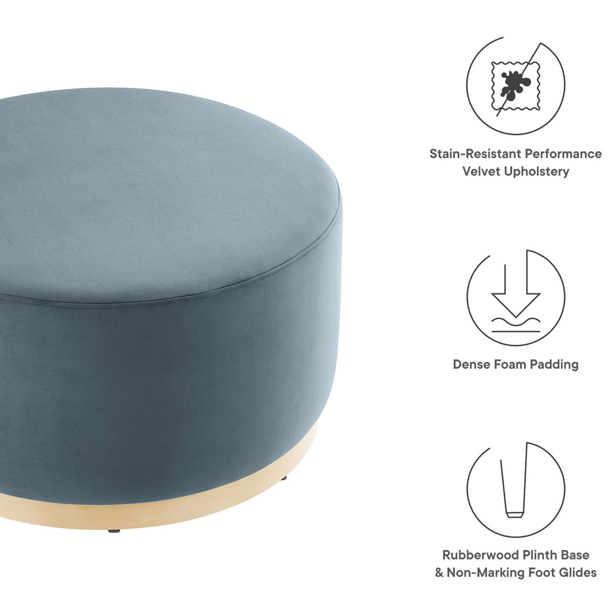 Tilden round velvet ottoman featuring stain-resistant fabric, dense foam padding, and rubberwood plinth base || EEI-6648-CAB-NAT || callout_studio