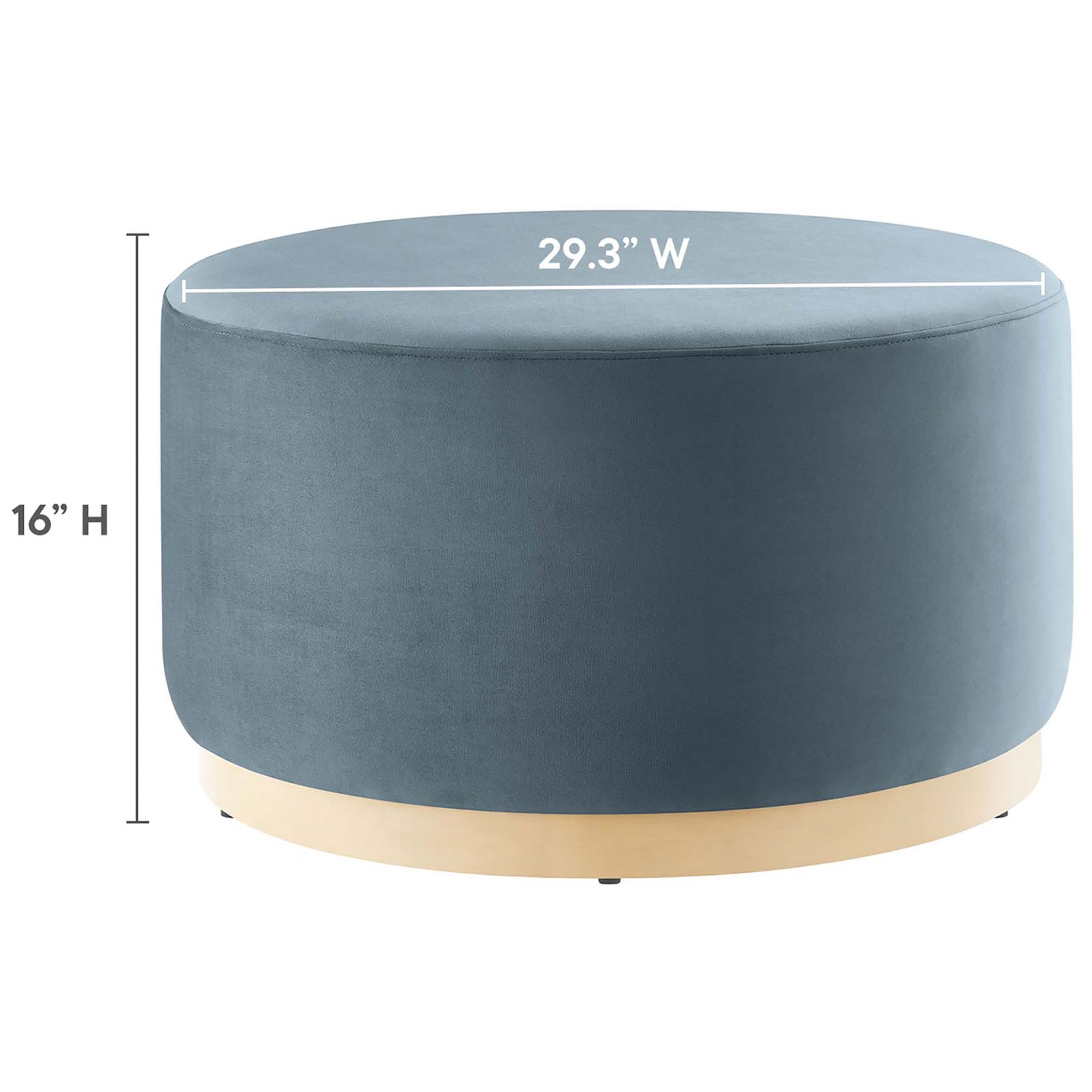 Tilden 29.3 inch wide round velvet ottoman standing 16 inches high on a natural rubberwood base || EEI-6648-CAB-NAT || dimension_studio