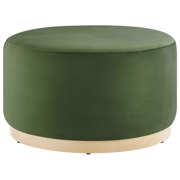 Large 29 inch moss green velvet round ottoman with natural wood plinth base for versatile seating. || EEI-6648-MOG-NAT || front_studio