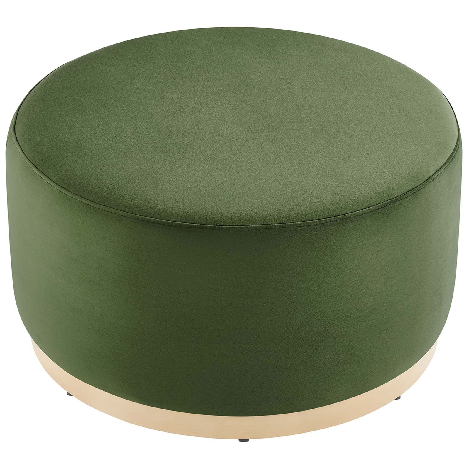 The 29 inch moss green velvet ottoman features a smooth, generously cushioned round top surface. || EEI-6648-MOG-NAT || top_angle_studio