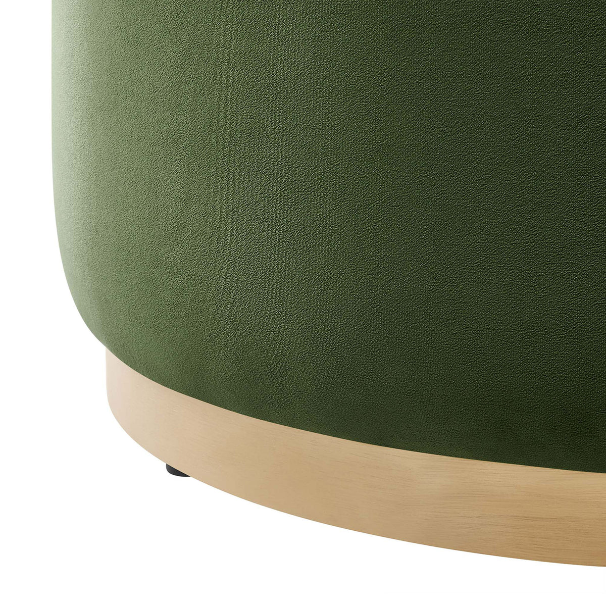 Rich moss green performance velvet and a natural wood plinth base highlight the ottoman's refined finish. || EEI-6648-MOG-NAT || detail_studio