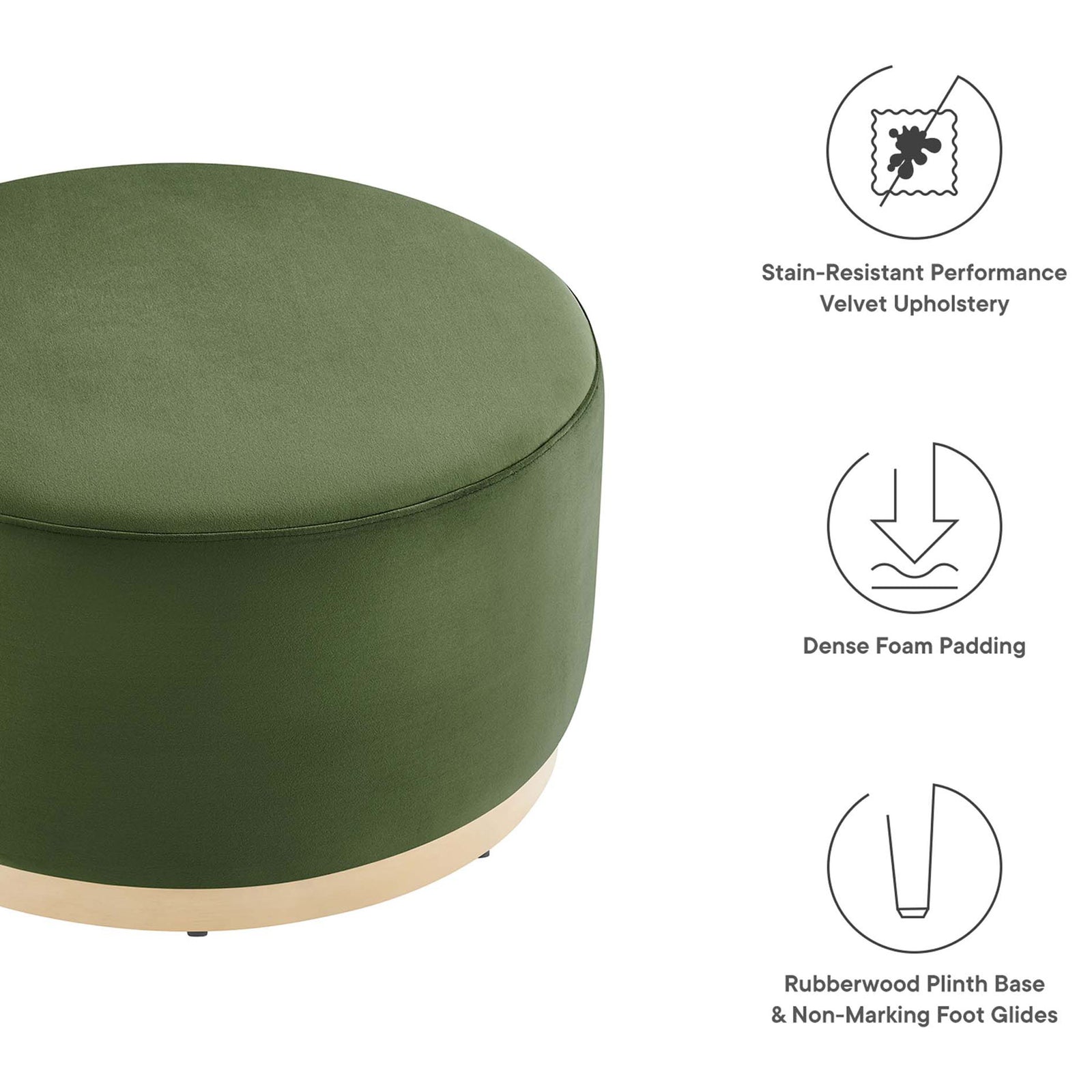 Moss green performance velvet ottoman with dense foam seat, plinth base, and floor safe non marking glides. || EEI-6648-MOG-NAT || callout_studio