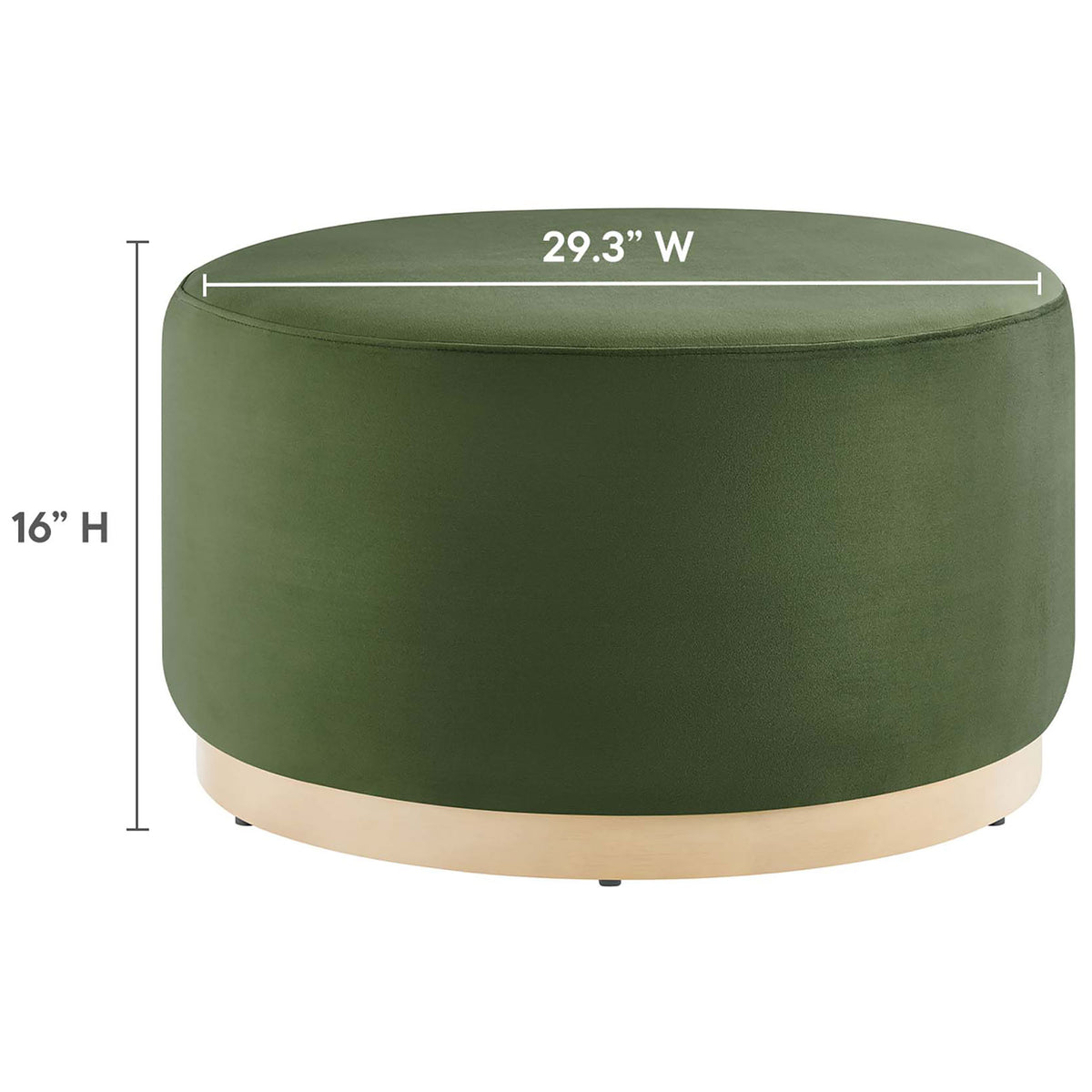 Dimensions of the 29.3 inch wide, 16 inch high moss green round ottoman with natural wood plinth base. || EEI-6648-MOG-NAT || dimension_studio