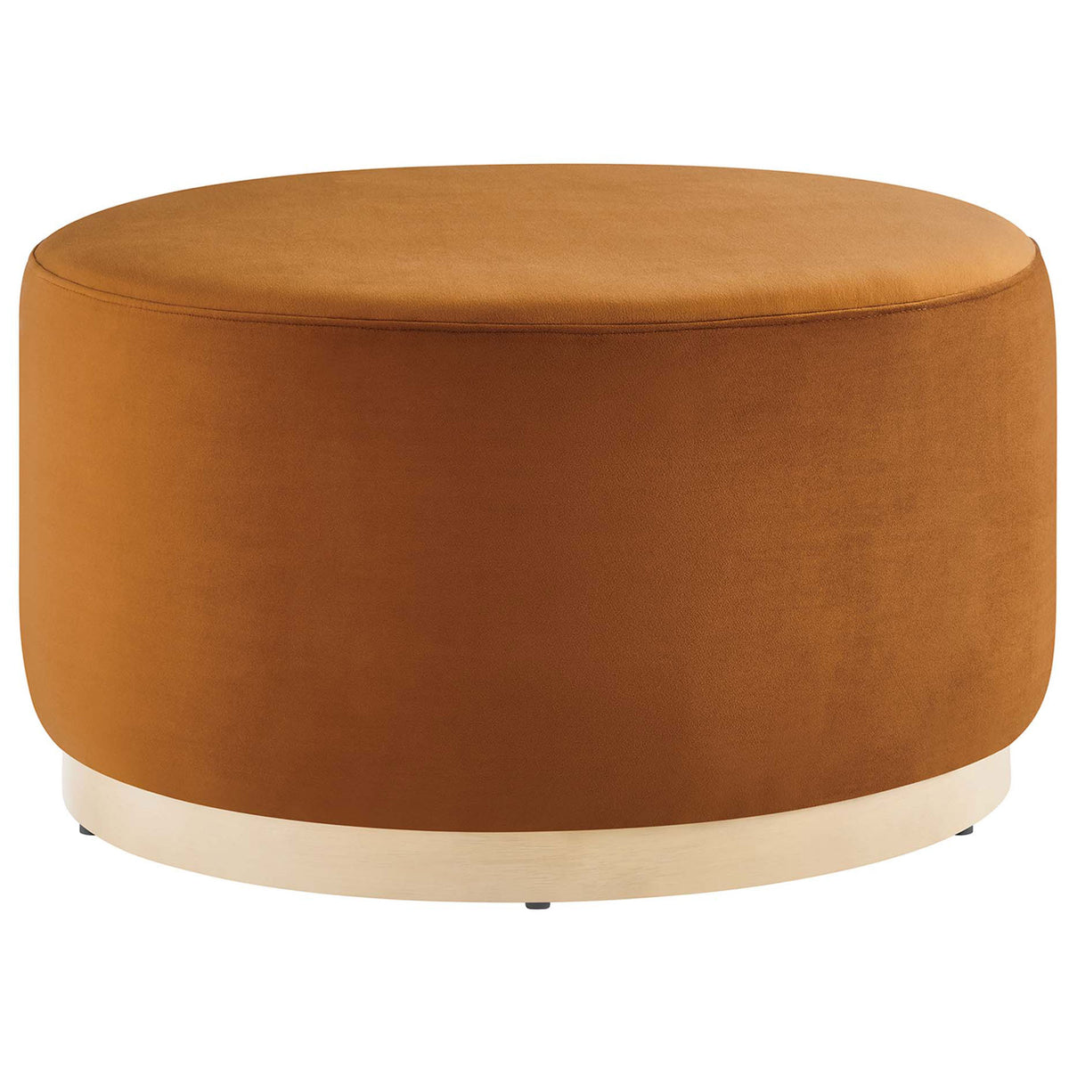 Rust velvet round ottoman with plush cushioning and natural wood plinth base. || EEI-6648-RUS-NAT || front_angle_studio