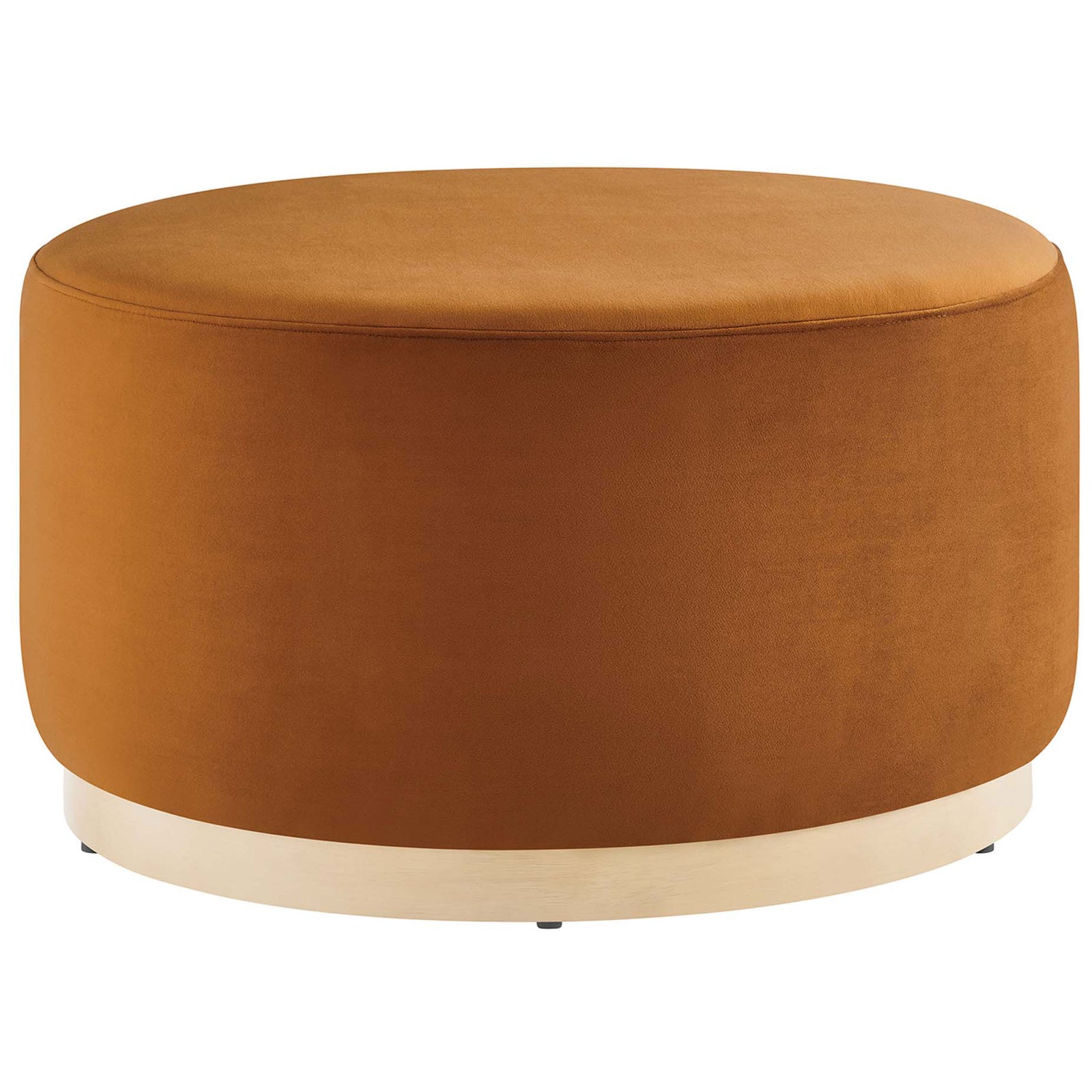 Rust velvet round ottoman with plush cushioning and natural wood plinth base. || EEI-6648-RUS-NAT || front_angle_studio