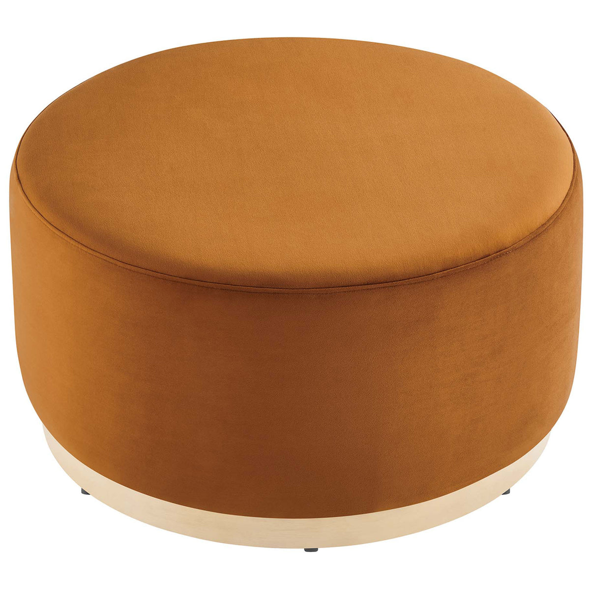 Rust velvet ottoman with smooth round cushioned top and softly curved sides. || EEI-6648-RUS-NAT || top_angle_studio