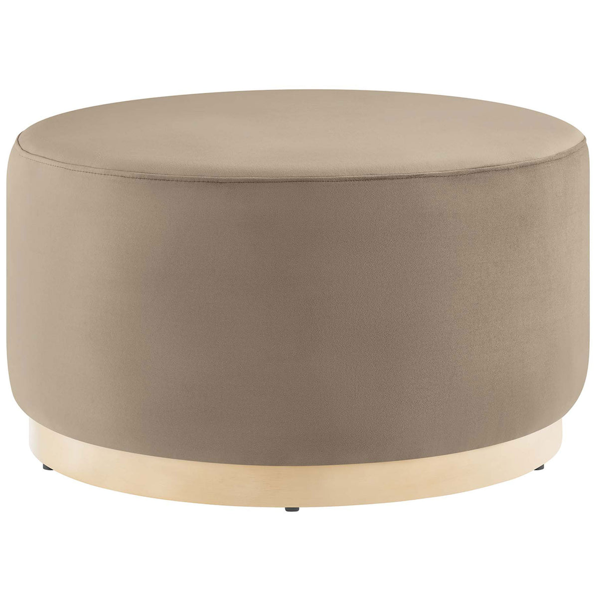 Taupe performance velvet 29-inch round ottoman with smooth cushioned top and light wood plinth base || EEI-6648-TAU-NAT || front_studio