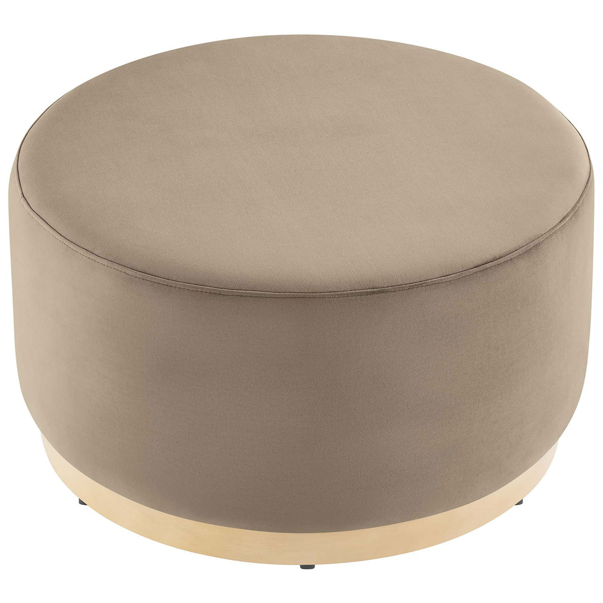 Generously padded taupe velvet ottoman showcasing the wide round seat and tailored French piping trim || EEI-6648-TAU-NAT || top_angle_studio