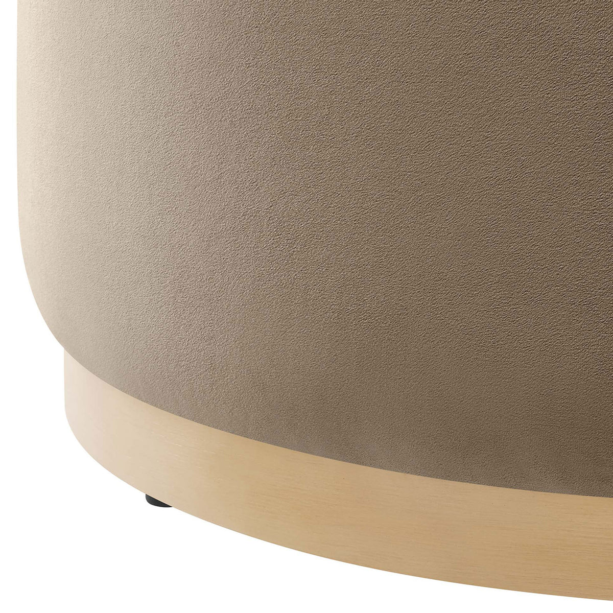 Taupe velvet upholstery and natural wood plinth base highlighting the ottoman's soft texture and finish || EEI-6648-TAU-NAT || leg_studio
