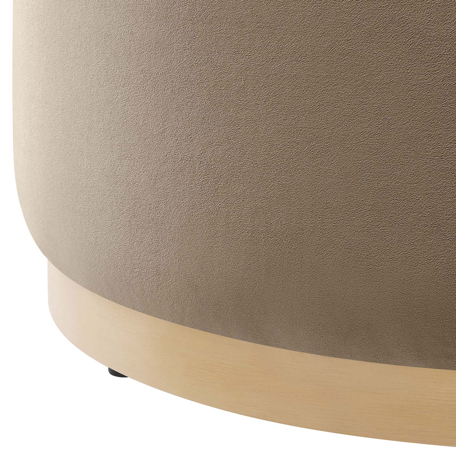 Taupe velvet upholstery and natural wood plinth base highlighting the ottoman's soft texture and finish || EEI-6648-TAU-NAT || leg_studio