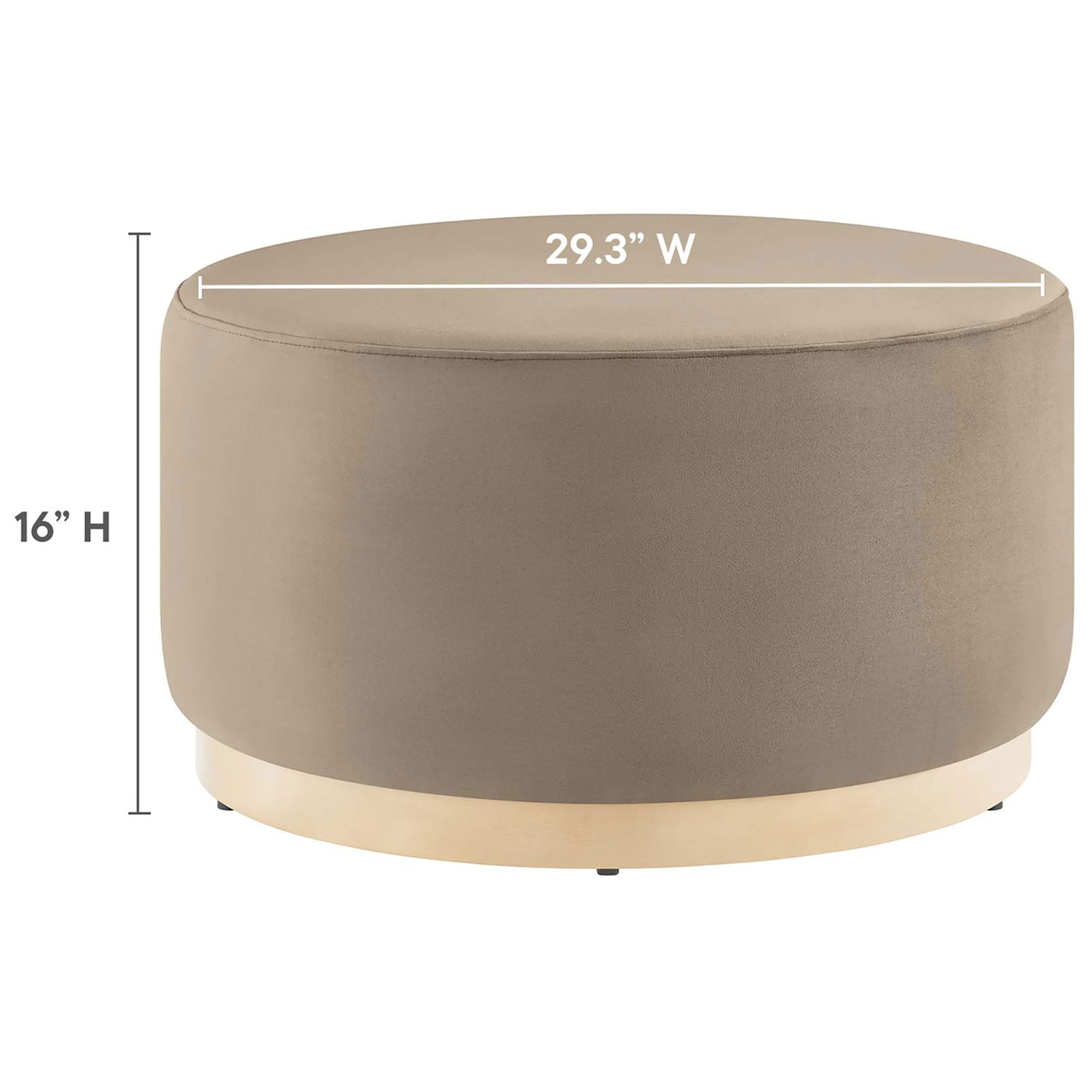 Dimensions of 29.3 inch wide taupe round ottoman with 16 inch height labeled for easy size reference || EEI-6648-TAU-NAT || dimension_studio