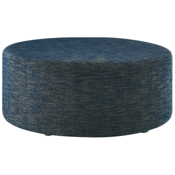 Large 38 inch round azure ottoman with heathered upholstery and a clean low profile for modern spaces || EEI-6649-HEA || front_studio