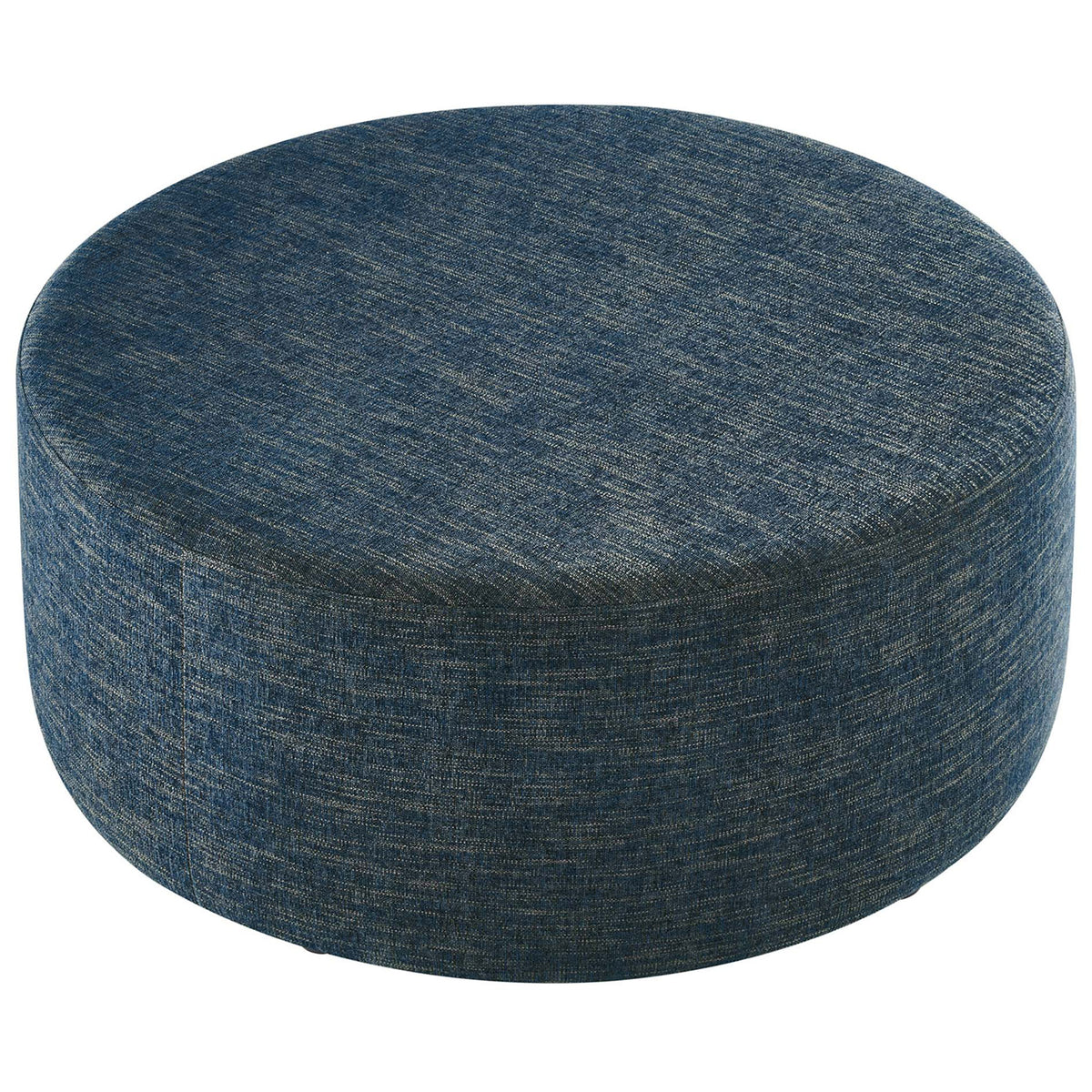 Expansive 38 inch round ottoman in textured azure fabric, ideal as a generous coffee table or extra seating || EEI-6649-HEA || top_angle_studio