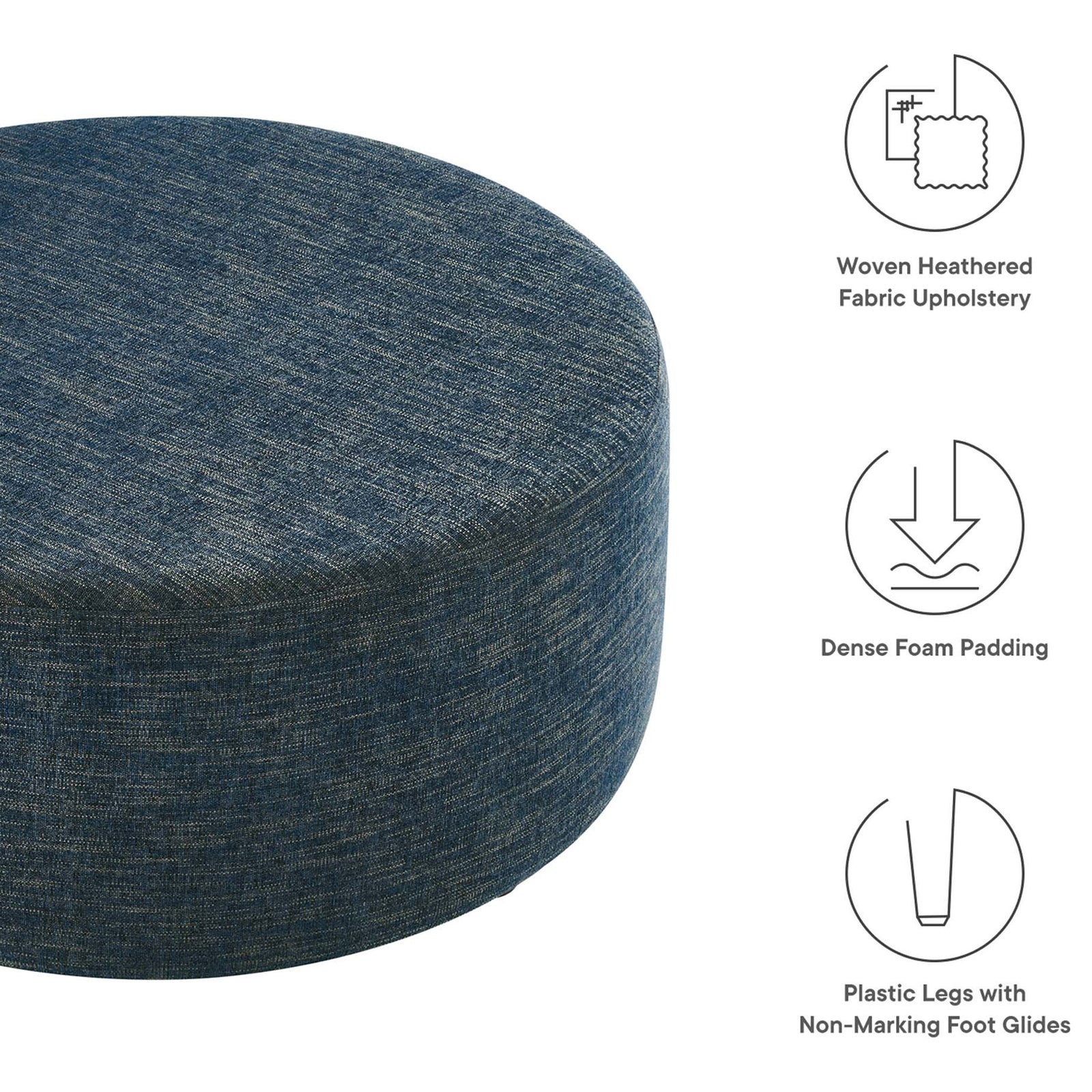 Key details include woven heathered fabric, dense foam padding, and protective non marking plastic feet || EEI-6649-HEA || callout_studio