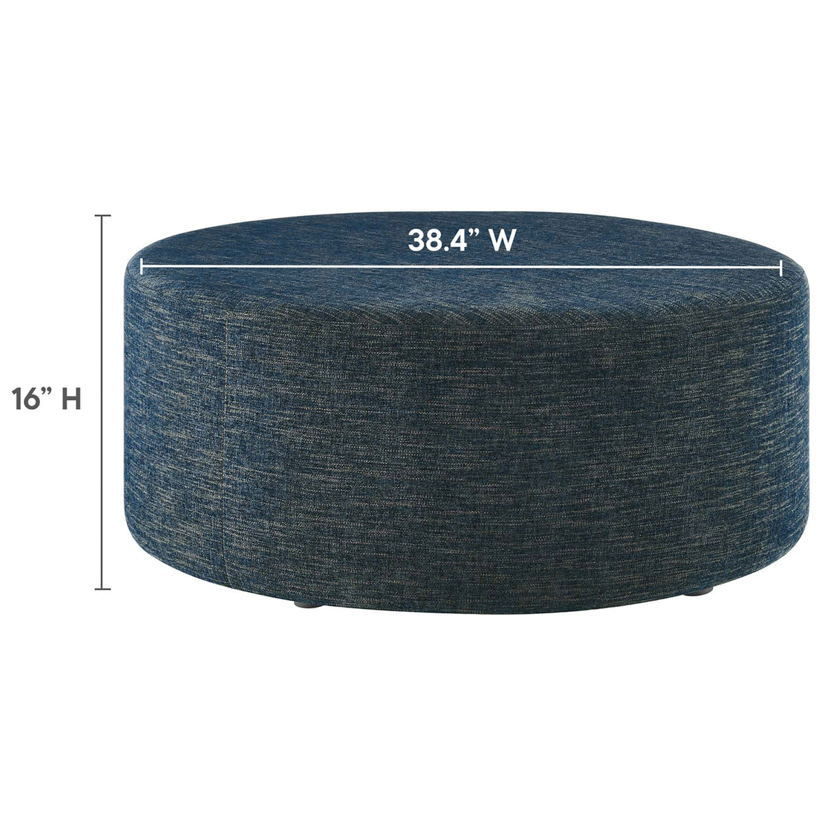 Dimensions of the 38 inch round ottoman shown as 38.4 inches wide and 16 inches high || EEI-6649-HEA || dimension_studio