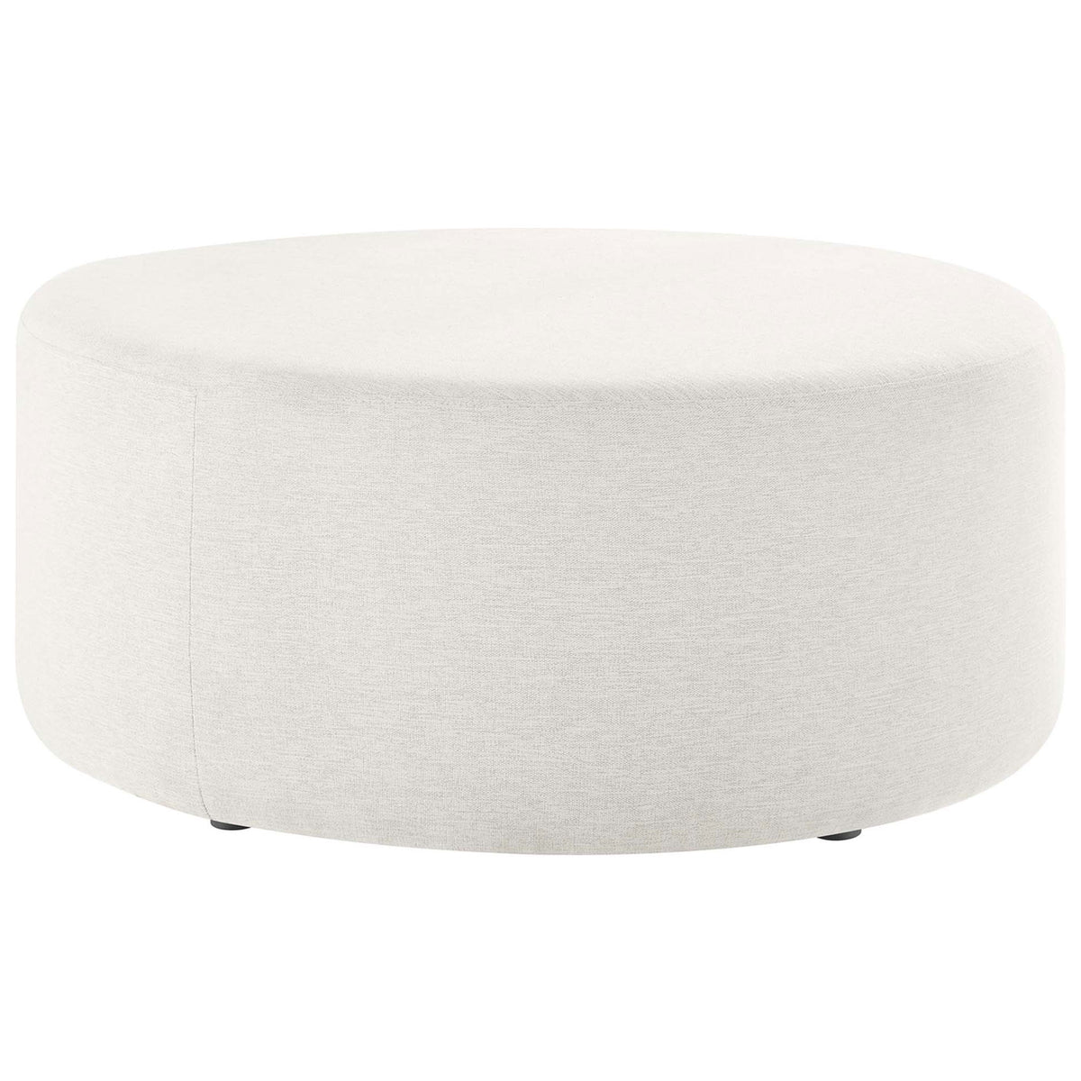 Large heathered ivory round ottoman with a broad cushioned seat and subtle low-profile base. || EEI-6649-HEI || front_studio