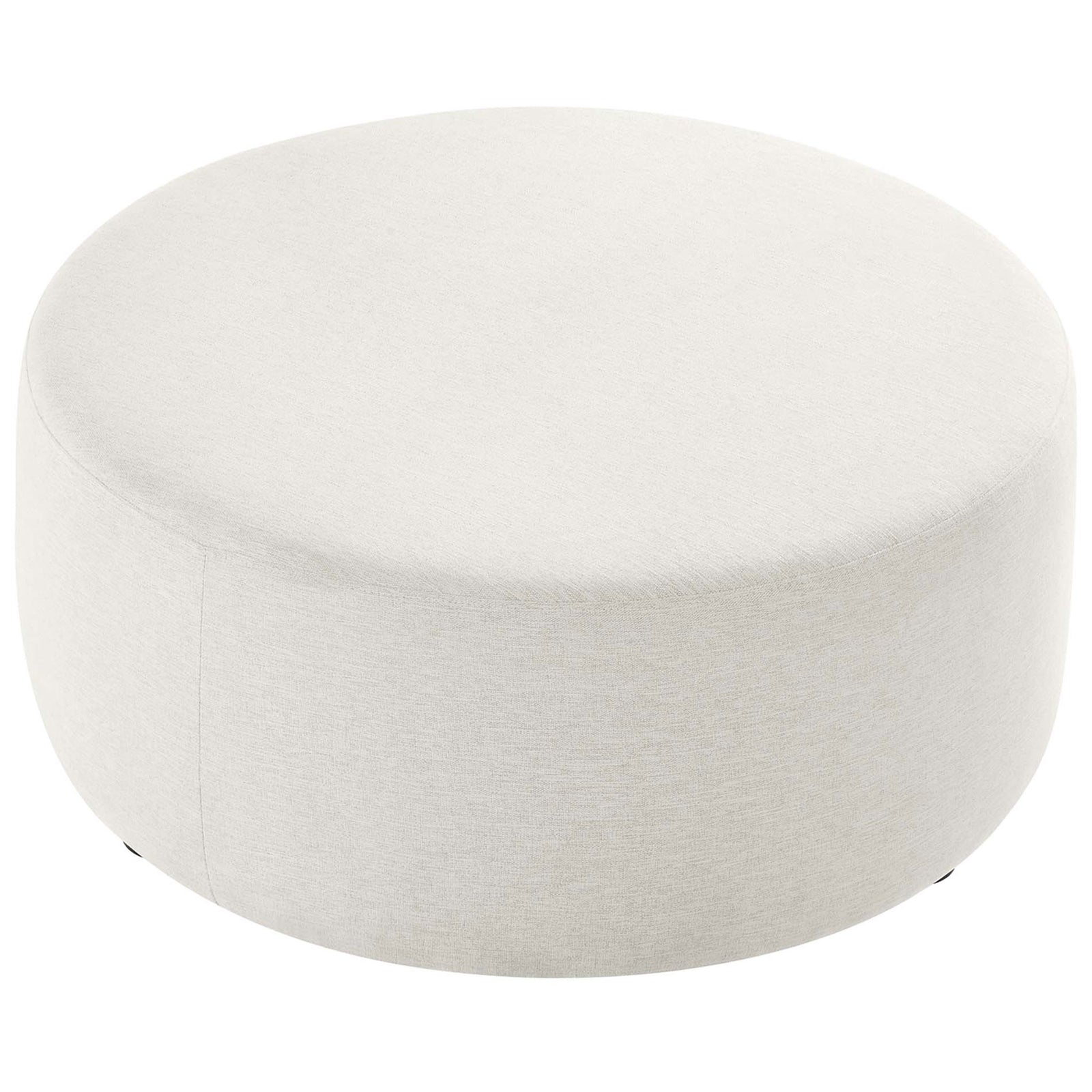 Spacious round ottoman in heathered ivory, providing an expansive cushioned surface for lounging or trays. || EEI-6649-HEI || top_angle_studio