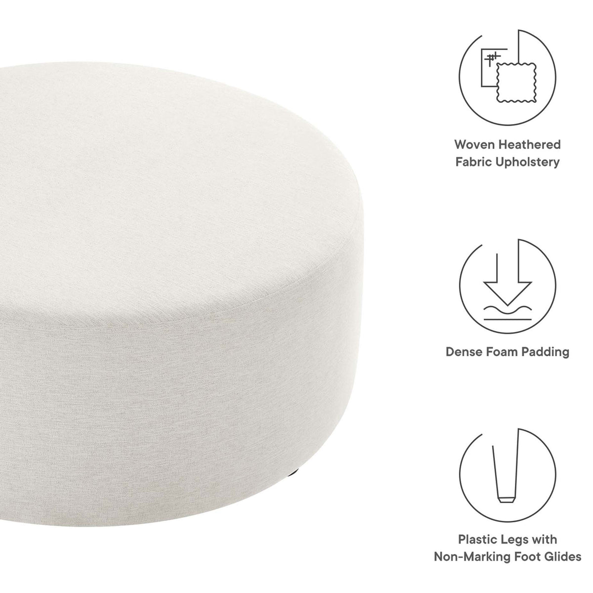 Ivory round ottoman with illustrated feature icons calling out fabric, padding, and protective foot glides. || EEI-6649-HEI || callout_studio