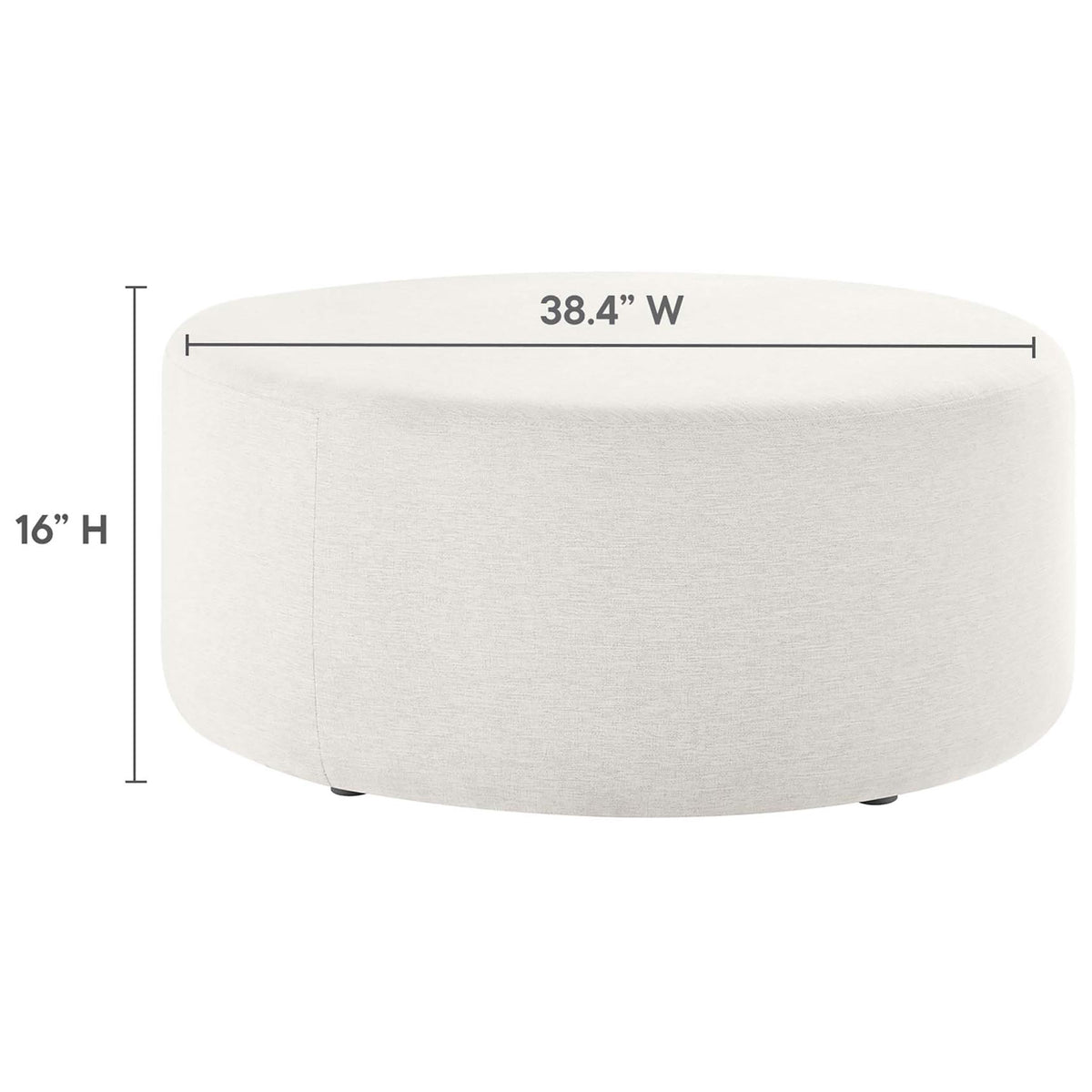 Heathered ivory ottoman with dimension graphic noting 38.4 inch width and 16 inch height for room layouts. || EEI-6649-HEI || dimension_studio