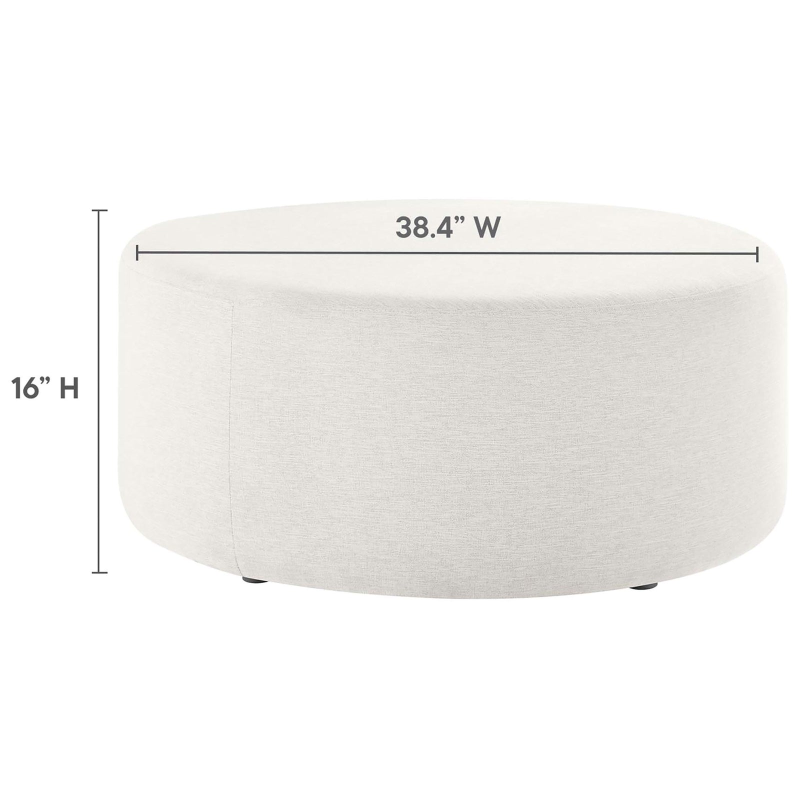 Heathered ivory ottoman with dimension graphic noting 38.4 inch width and 16 inch height for room layouts. || EEI-6649-HEI || dimension_studio