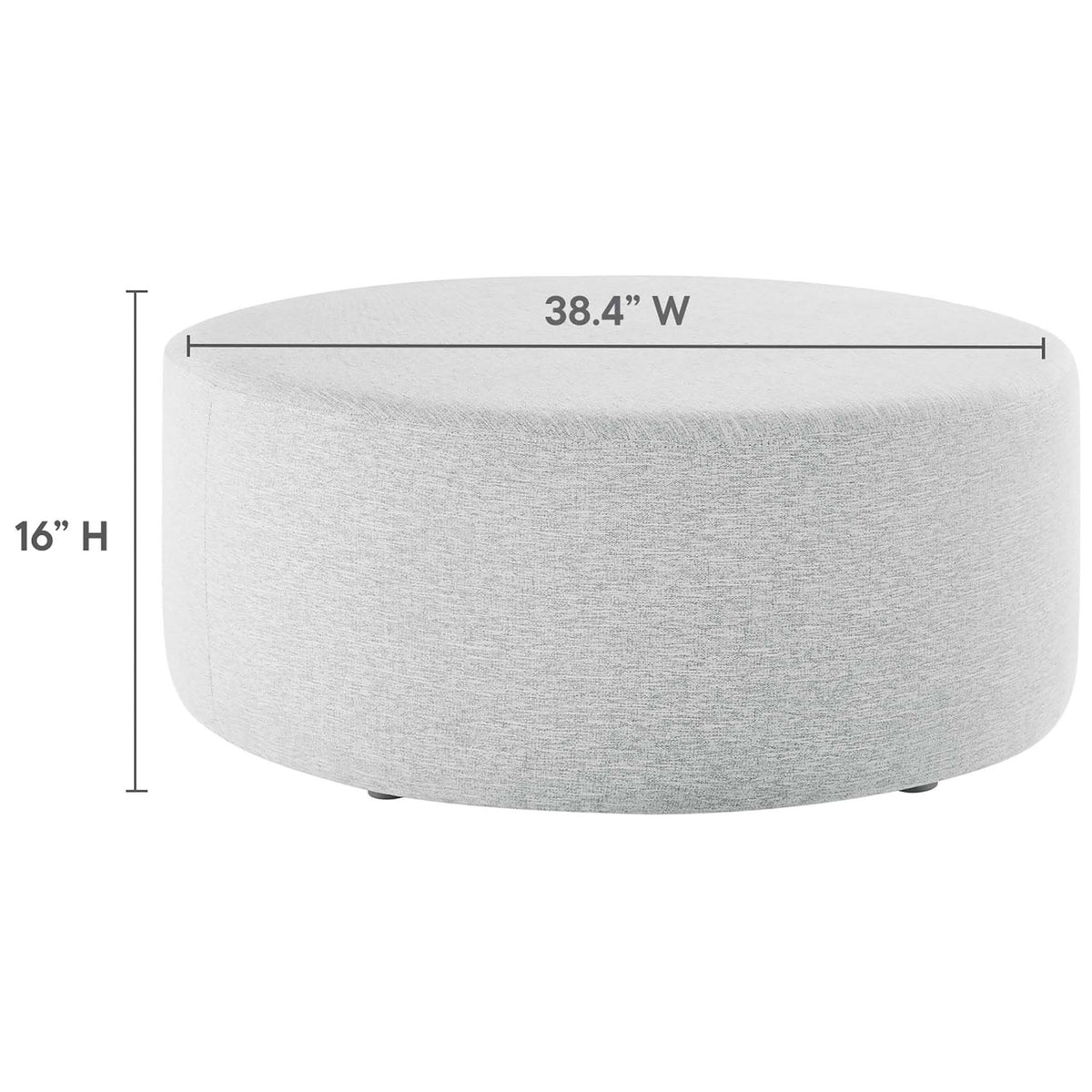 Dimensions of the 38.4 inch wide, 16 inch high heathered light gray round ottoman are shown || EEI-6649-HLG || dimension_studio