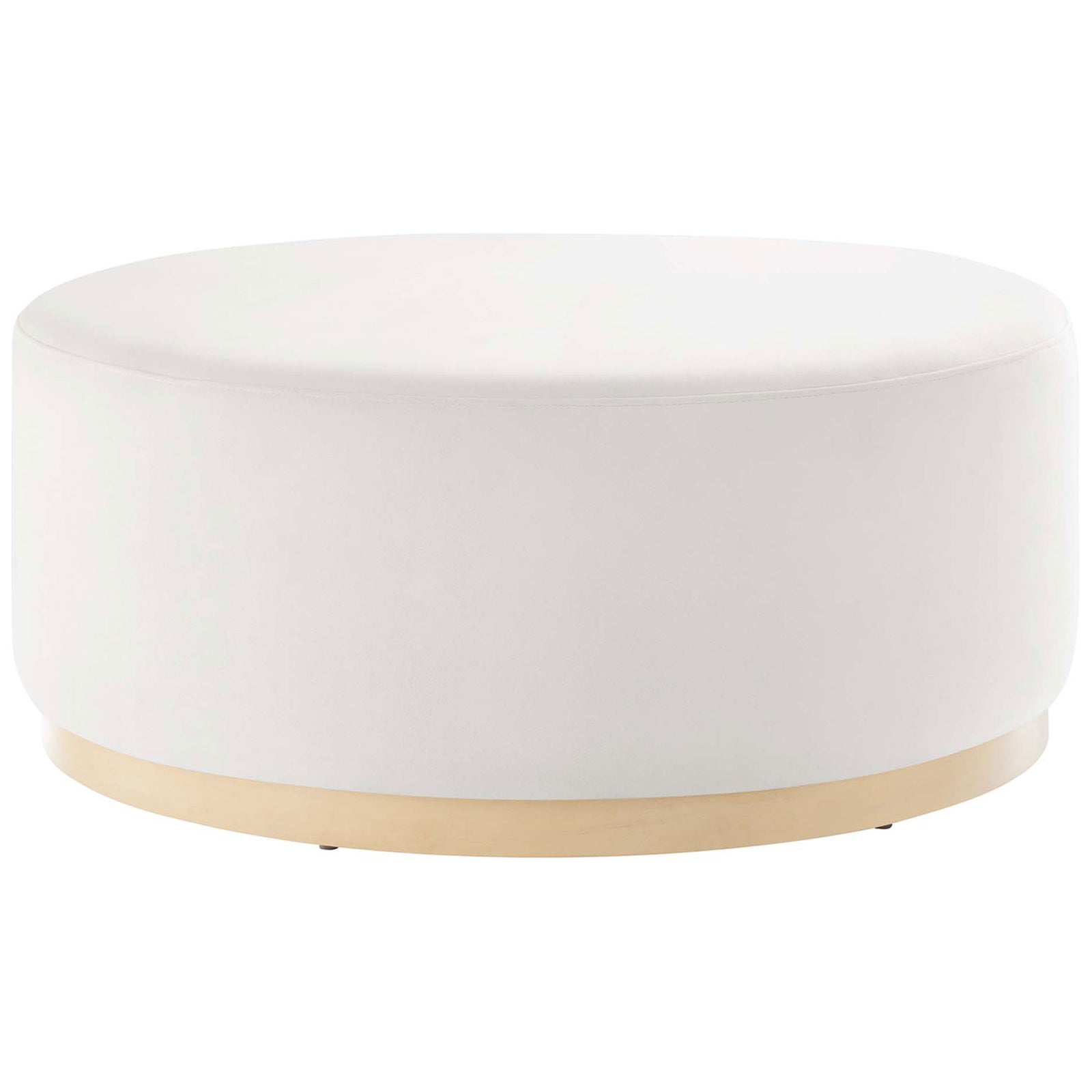 Tilden 38 inch round alabaster velvet ottoman with low profile silhouette and natural wood plinth base || EEI-6650-ALA-NAT || front_studio