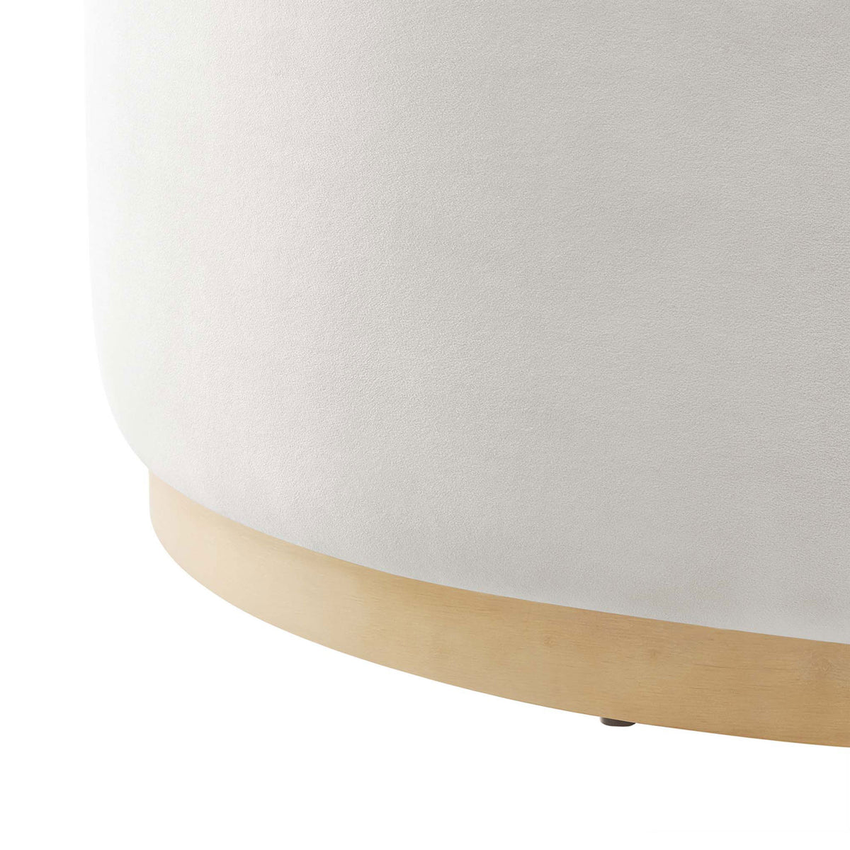 Detail of the Tilden 38 inch ottoman highlighting the soft velvet fabric and sturdy plinth base || EEI-6650-ALA-NAT || detail_studio