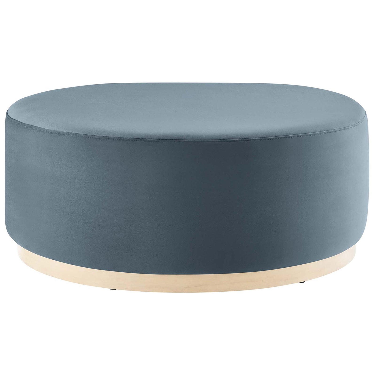 Large round cadet blue velvet ottoman with low profile silhouette and natural wood plinth base || EEI-6650-CAB-NAT || front_studio