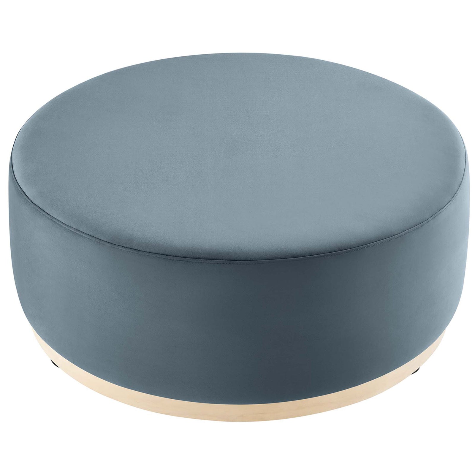 Generously sized round velvet ottoman offering an expansive cadet blue seat and coordinating wood base || EEI-6650-CAB-NAT || top_studio