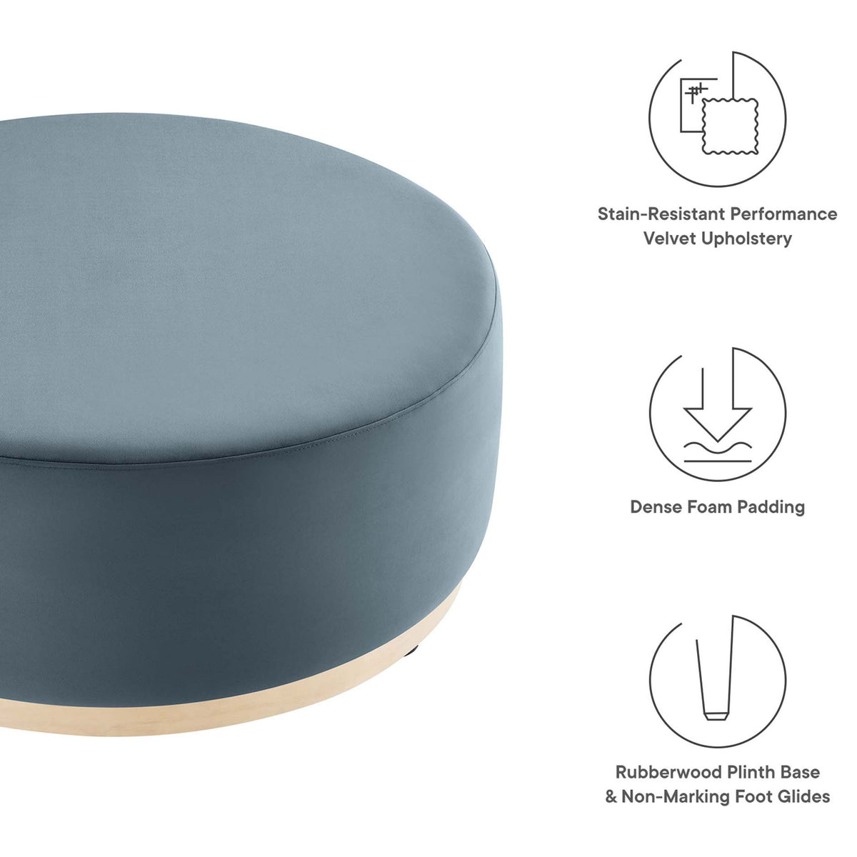 Large Tilden velvet ottoman highlighted with icons for stain resistance, dense foam, and non-marking glides || EEI-6650-CAB-NAT || callout_studio
