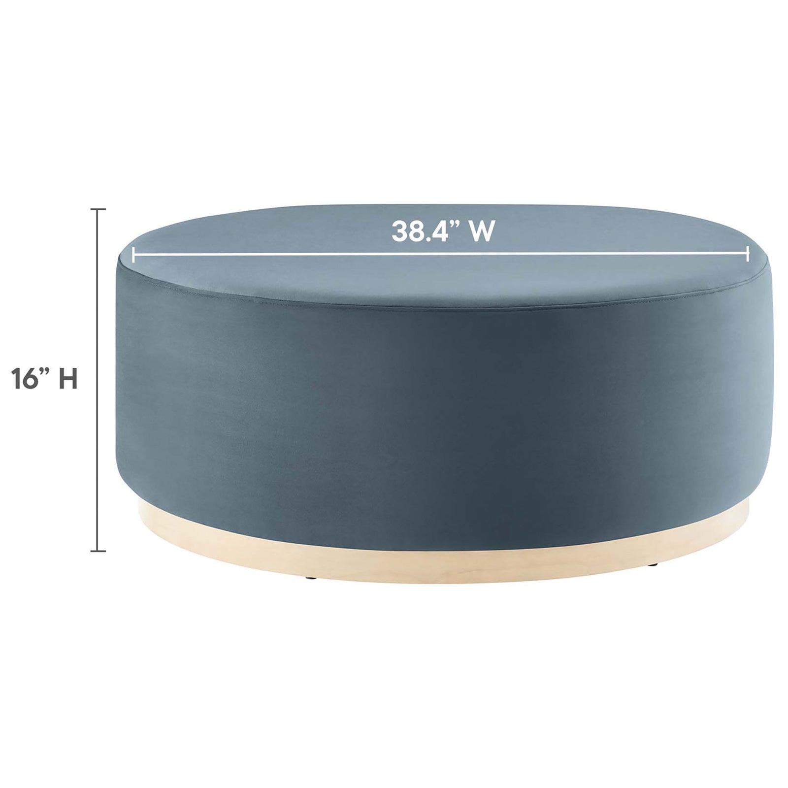 Tilden 38.4 inch wide round velvet ottoman measuring 16 inches high with a natural rubberwood base || EEI-6650-CAB-NAT || dimension_studio