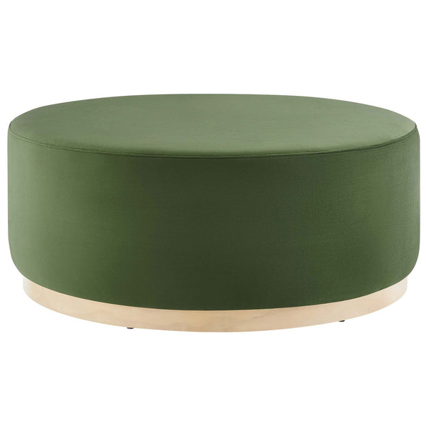 Large 38 inch moss green velvet round ottoman with low profile and natural wood plinth base. || EEI-6650-MOG-NAT || front_studio