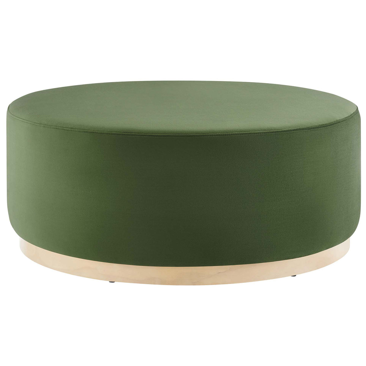 Large 38 inch moss green velvet round ottoman with low profile and natural wood plinth base. || EEI-6650-MOG-NAT || front_studio