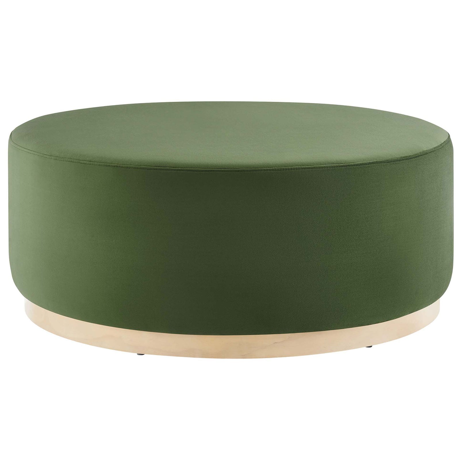 Large 38 inch moss green velvet round ottoman with low profile and natural wood plinth base. || EEI-6650-MOG-NAT || front_studio