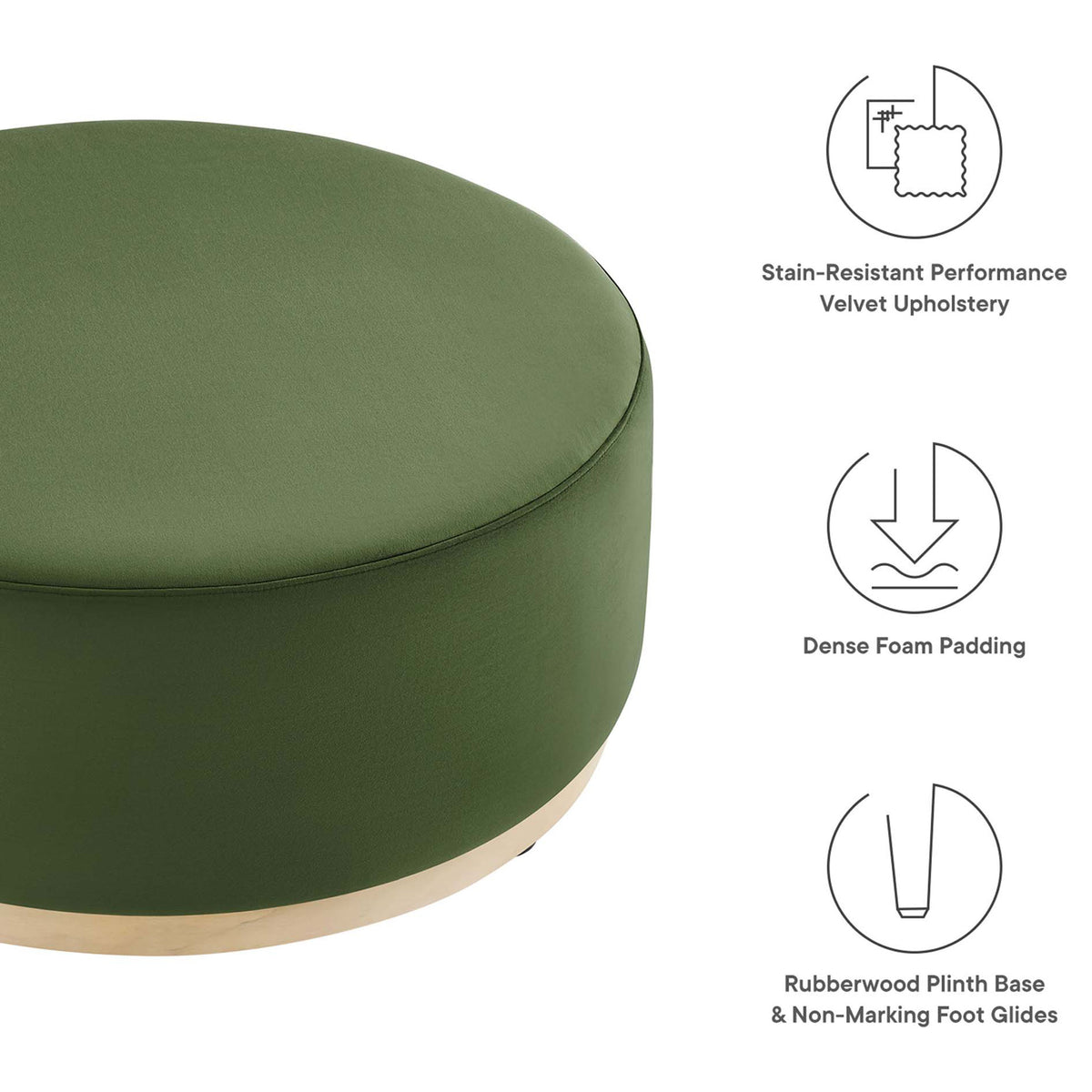 Performance velvet ottoman in moss green featuring plush foam cushioning, sturdy plinth base, and floor friendly glides. || EEI-6650-MOG-NAT || callout_studio
