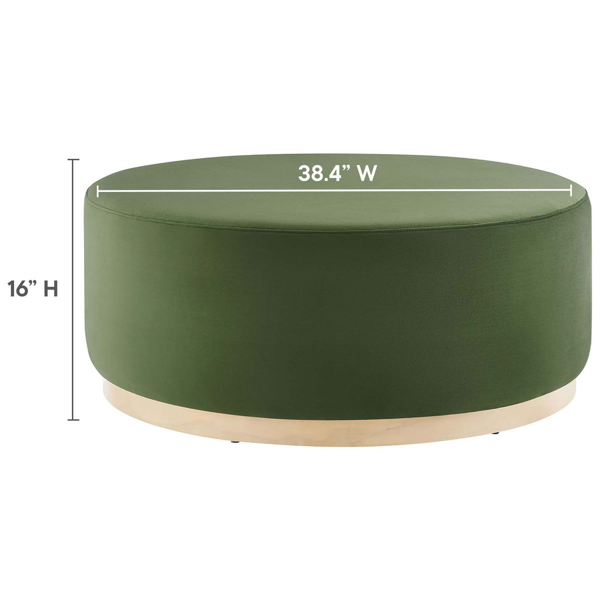 Dimensions of the 38.4 inch wide, 16 inch high moss green round ottoman with low wood plinth base. || EEI-6650-MOG-NAT || dimension_studio